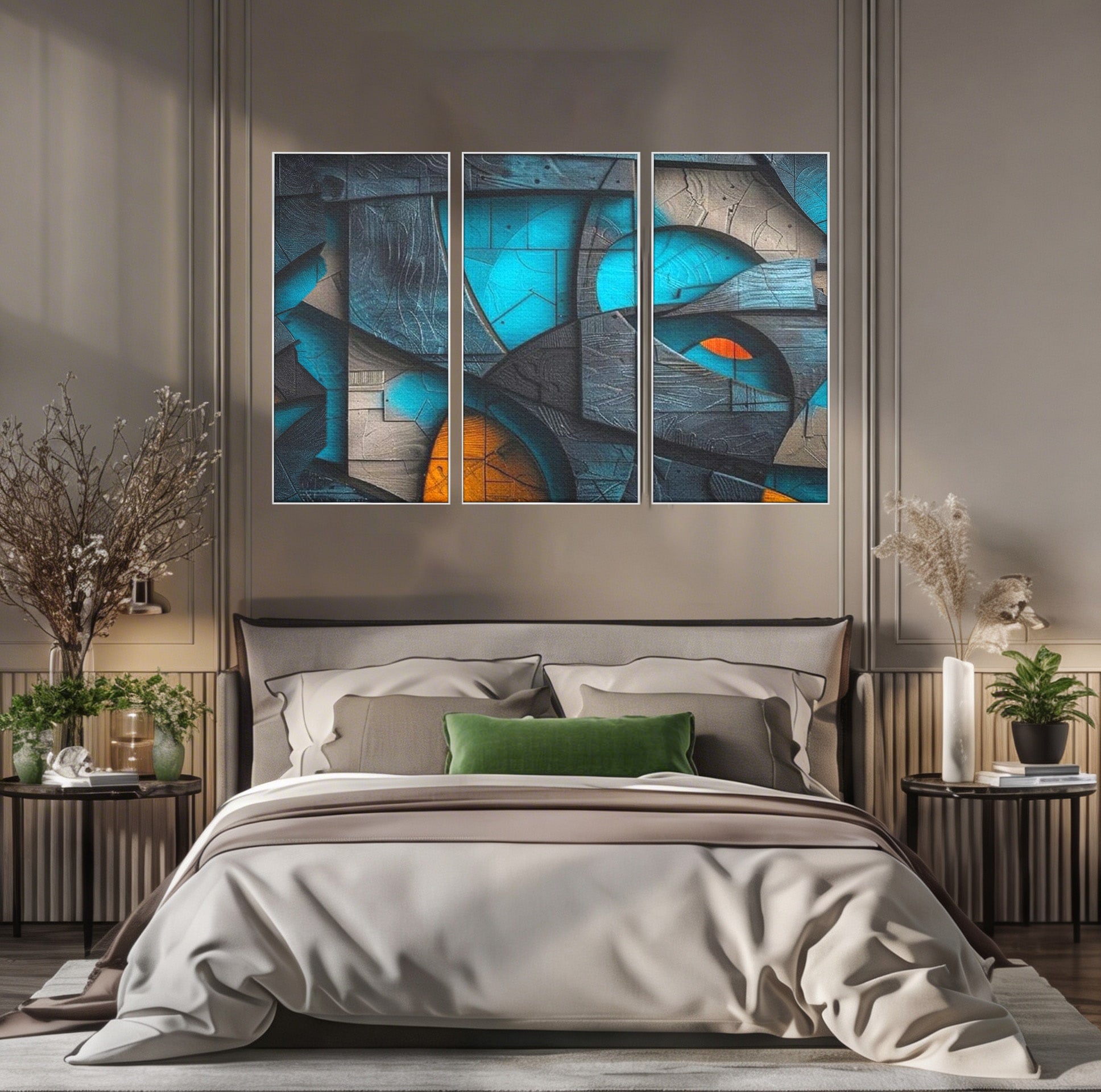 Set 3 Tablouri Canvas Premium LuxCanva® C3-1274, Spatiul dintre ganduri, Geometrie, Albastru, Turcoaz, Abstract, Profunzime, Curbe, Industrial, Arhitectural, Umbre, Materie, Birou, Living, Dormitor