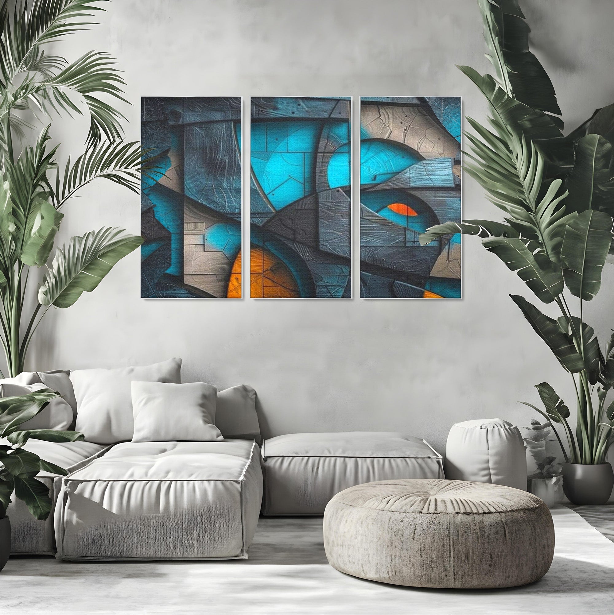 Set 3 Tablouri Canvas Premium LuxCanva® C3-1274, Spatiul dintre ganduri, Geometrie, Albastru, Turcoaz, Abstract, Profunzime, Curbe, Industrial, Arhitectural, Umbre, Materie, Birou, Living, Dormitor