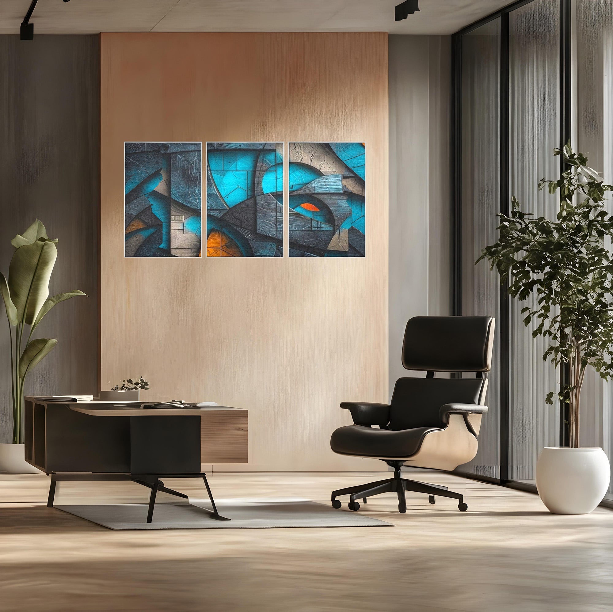 Set 3 Tablouri Canvas Premium LuxCanva® C3-1274, Spatiul dintre ganduri, Geometrie, Albastru, Turcoaz, Abstract, Profunzime, Curbe, Industrial, Arhitectural, Umbre, Materie, Birou, Living, Dormitor