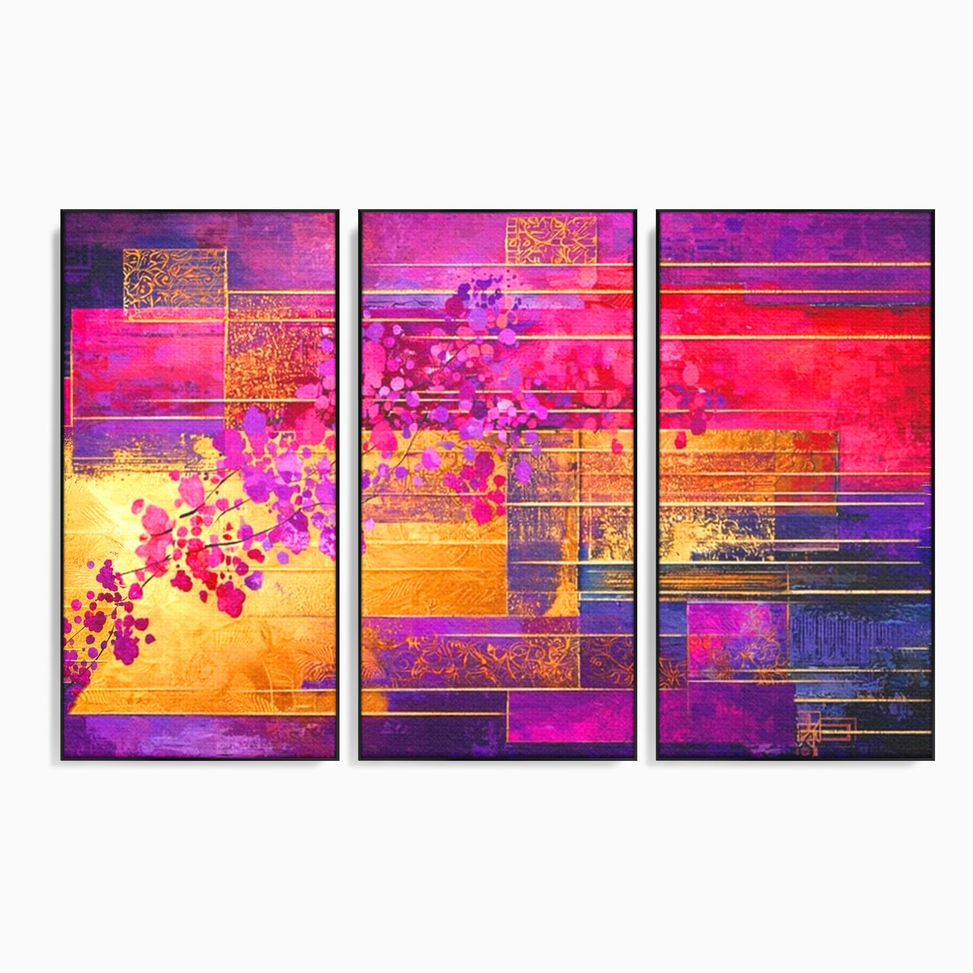 Set 3 Tablouri Canvas Premium LuxCanva® C3-1275, Gradina dintre linii, Geometrie, Mov, Roz, Abstract, Magenta, Linii, Textura, Armonie, Mister, Lumina, Eleganta, Violet, Auriu, Birou, Living, Dormitor