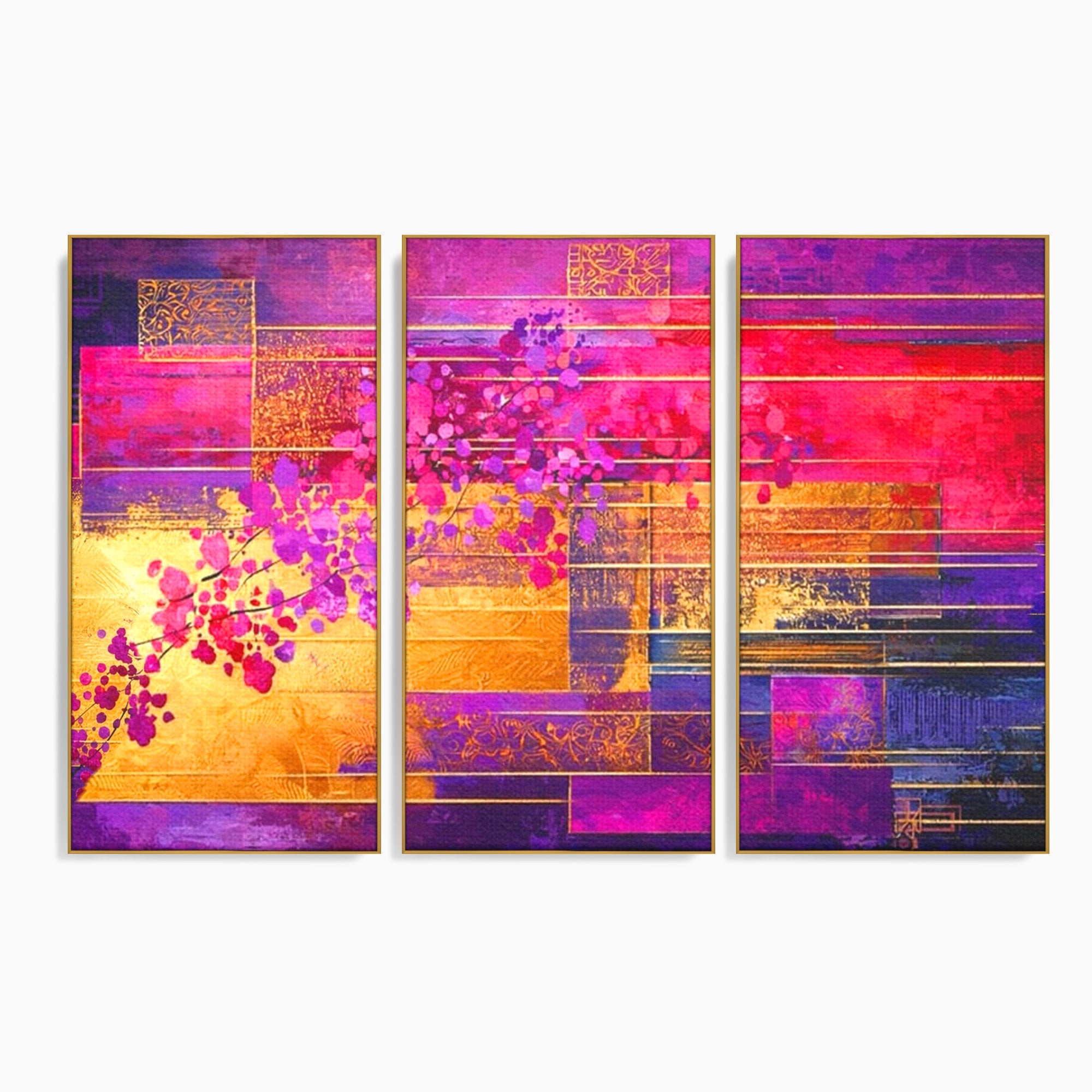 Set 3 Tablouri Canvas Premium LuxCanva® C3-1275, Gradina dintre linii, Geometrie, Mov, Roz, Abstract, Magenta, Linii, Textura, Armonie, Mister, Lumina, Eleganta, Violet, Auriu, Birou, Living, Dormitor
