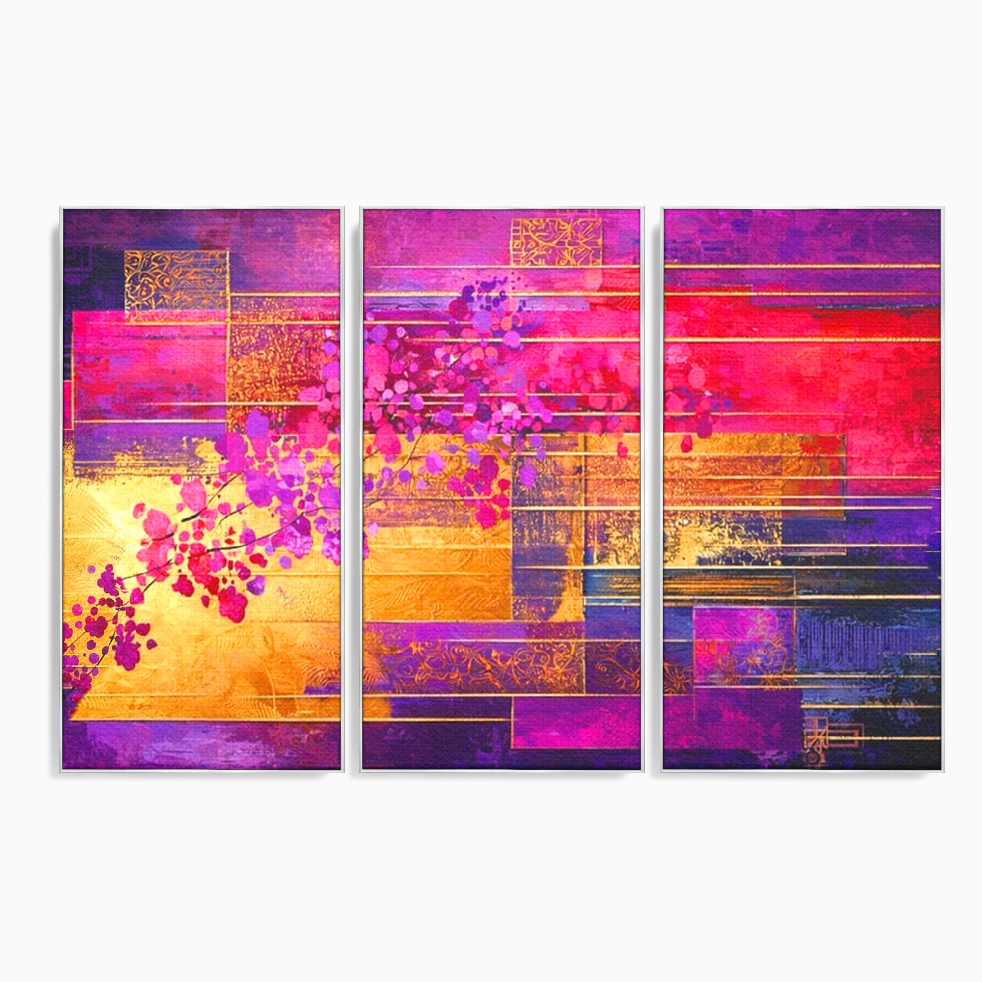 Set 3 Tablouri Canvas Premium LuxCanva® C3-1275, Gradina dintre linii, Geometrie, Mov, Roz, Abstract, Magenta, Linii, Textura, Armonie, Mister, Lumina, Eleganta, Violet, Auriu, Birou, Living, Dormitor