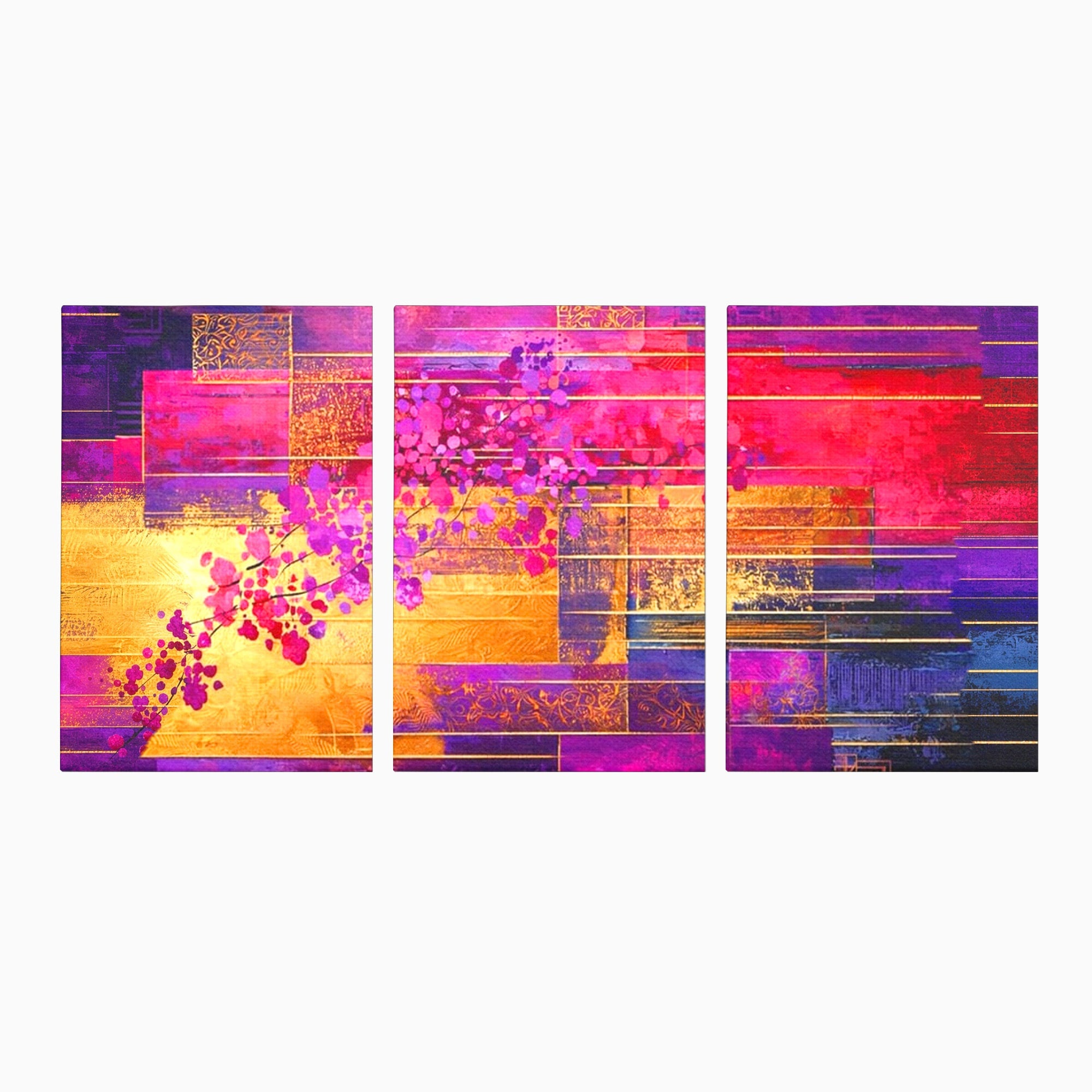 Set 3 Tablouri Canvas Premium LuxCanva® C3-1275, Gradina dintre linii, Geometrie, Mov, Roz, Abstract, Magenta, Linii, Textura, Armonie, Mister, Lumina, Eleganta, Violet, Auriu, Birou, Living, Dormitor