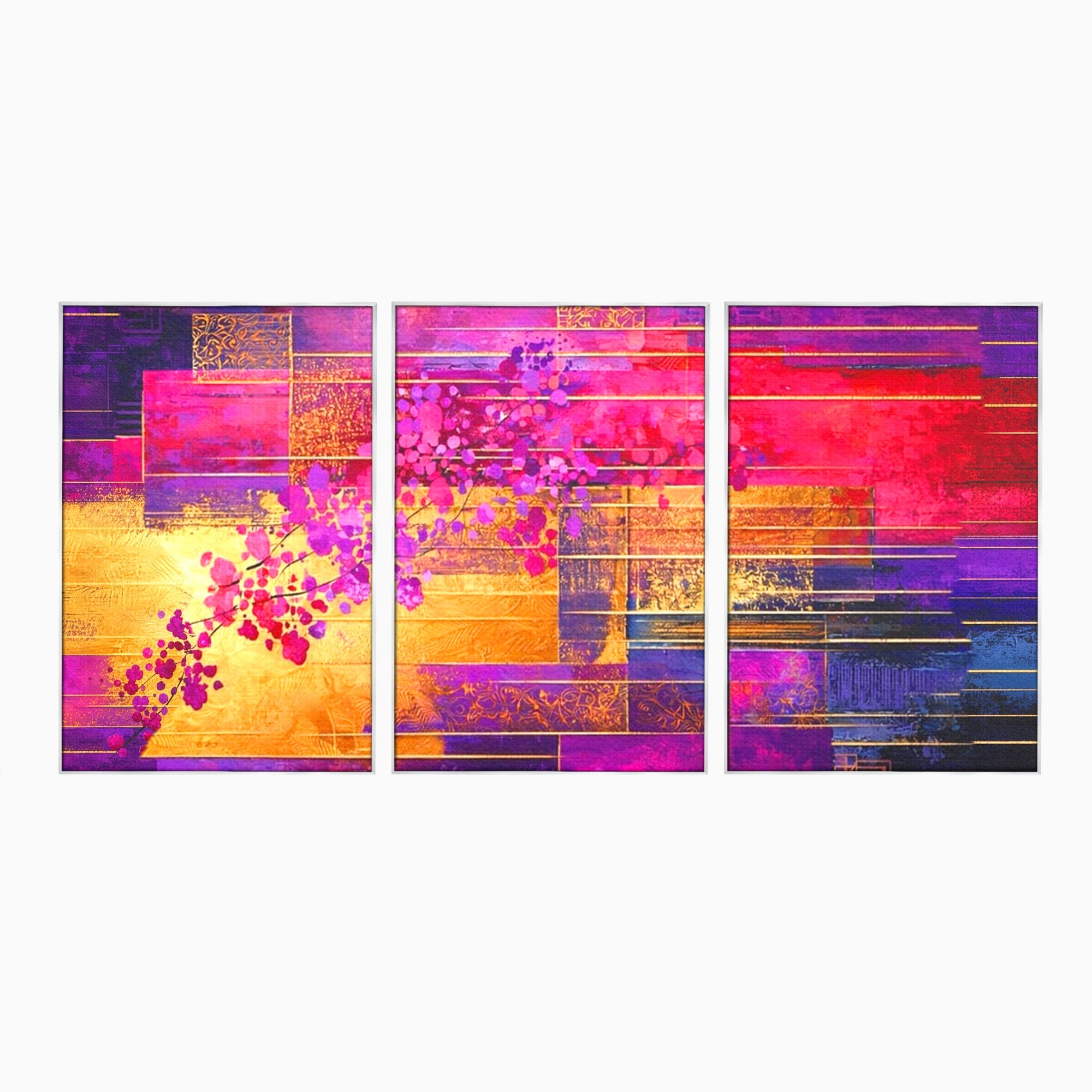 Set 3 Tablouri Canvas Premium LuxCanva® C3-1275, Gradina dintre linii, Geometrie, Mov, Roz, Abstract, Magenta, Linii, Textura, Armonie, Mister, Lumina, Eleganta, Violet, Auriu, Birou, Living, Dormitor