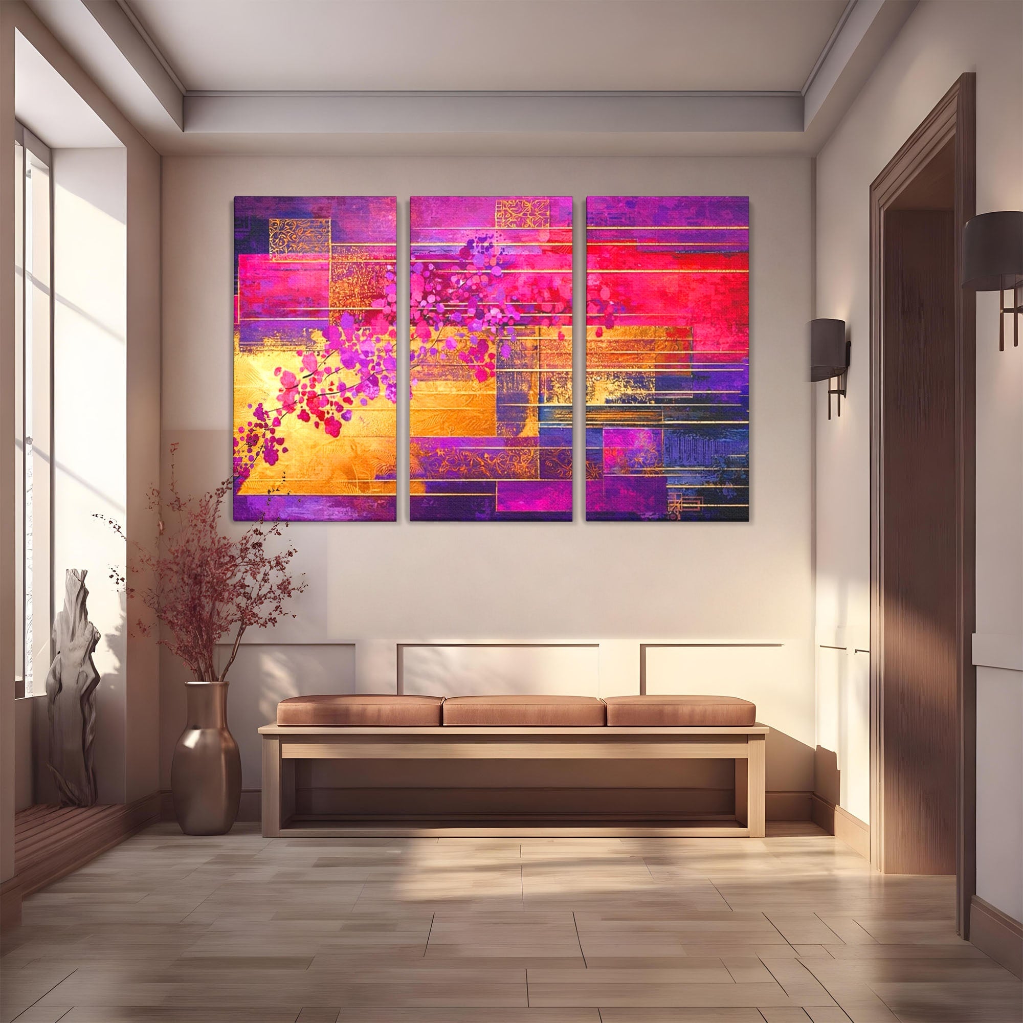 Set 3 Tablouri Canvas Premium LuxCanva® C3-1275, Gradina dintre linii, Geometrie, Mov, Roz, Abstract, Magenta, Linii, Textura, Armonie, Mister, Lumina, Eleganta, Violet, Auriu, Birou, Living, Dormitor