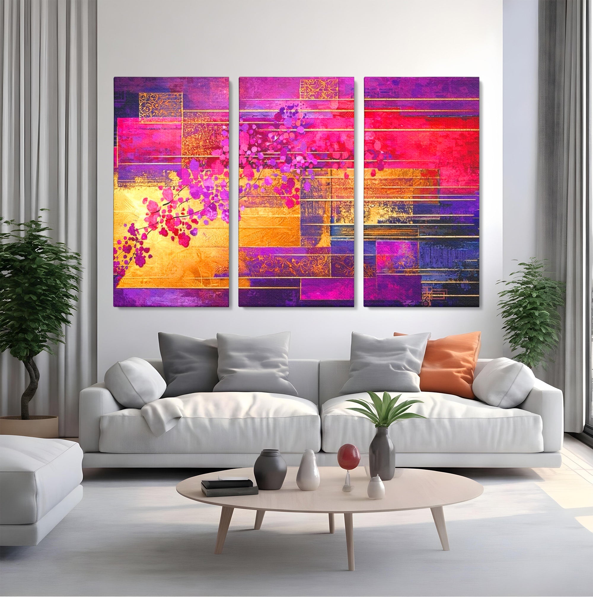 Set 3 Tablouri Canvas Premium LuxCanva® C3-1275, Gradina dintre linii, Geometrie, Mov, Roz, Abstract, Magenta, Linii, Textura, Armonie, Mister, Lumina, Eleganta, Violet, Auriu, Birou, Living, Dormitor