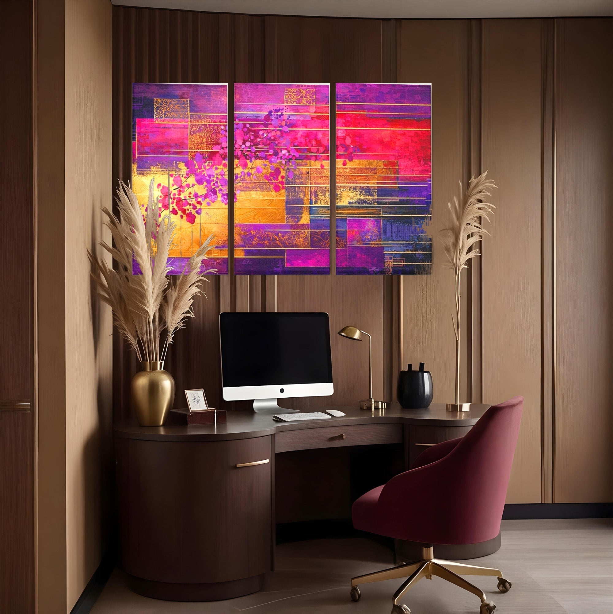 Set 3 Tablouri Canvas Premium LuxCanva® C3-1275, Gradina dintre linii, Geometrie, Mov, Roz, Abstract, Magenta, Linii, Textura, Armonie, Mister, Lumina, Eleganta, Violet, Auriu, Birou, Living, Dormitor