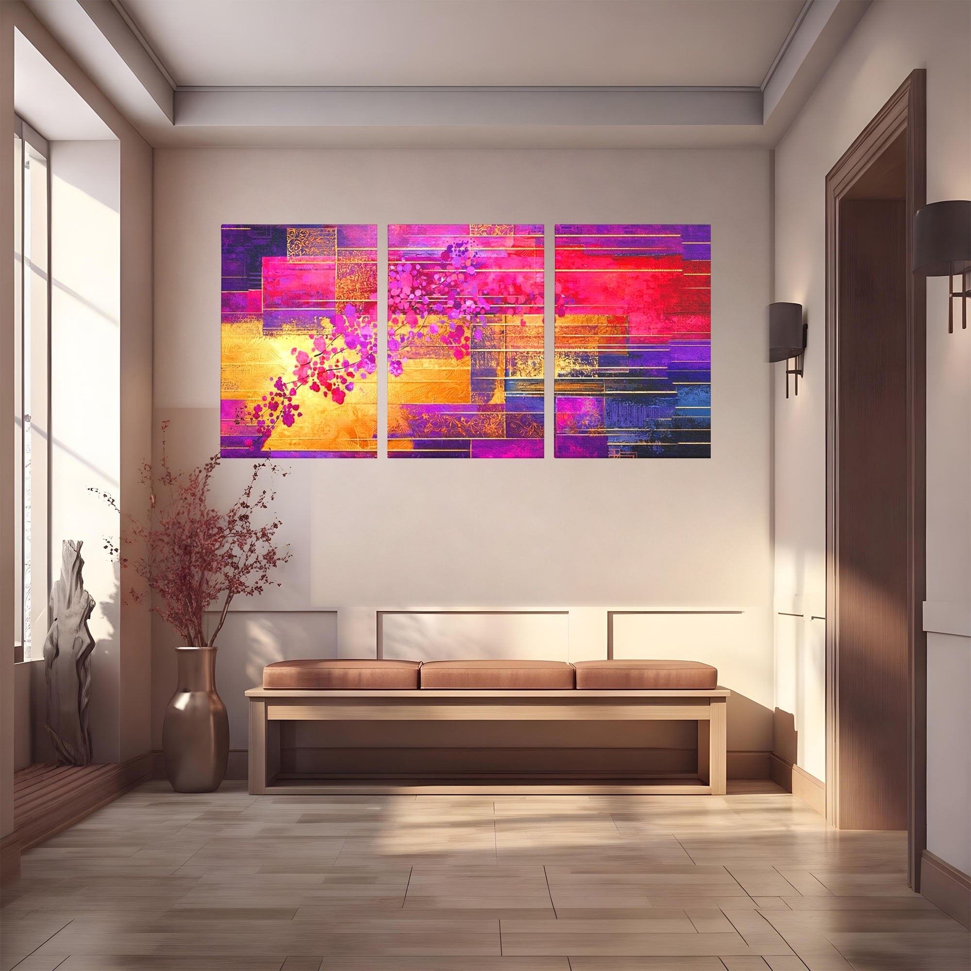Set 3 Tablouri Canvas Premium LuxCanva® C3-1275, Gradina dintre linii, Geometrie, Mov, Roz, Abstract, Magenta, Linii, Textura, Armonie, Mister, Lumina, Eleganta, Violet, Auriu, Birou, Living, Dormitor