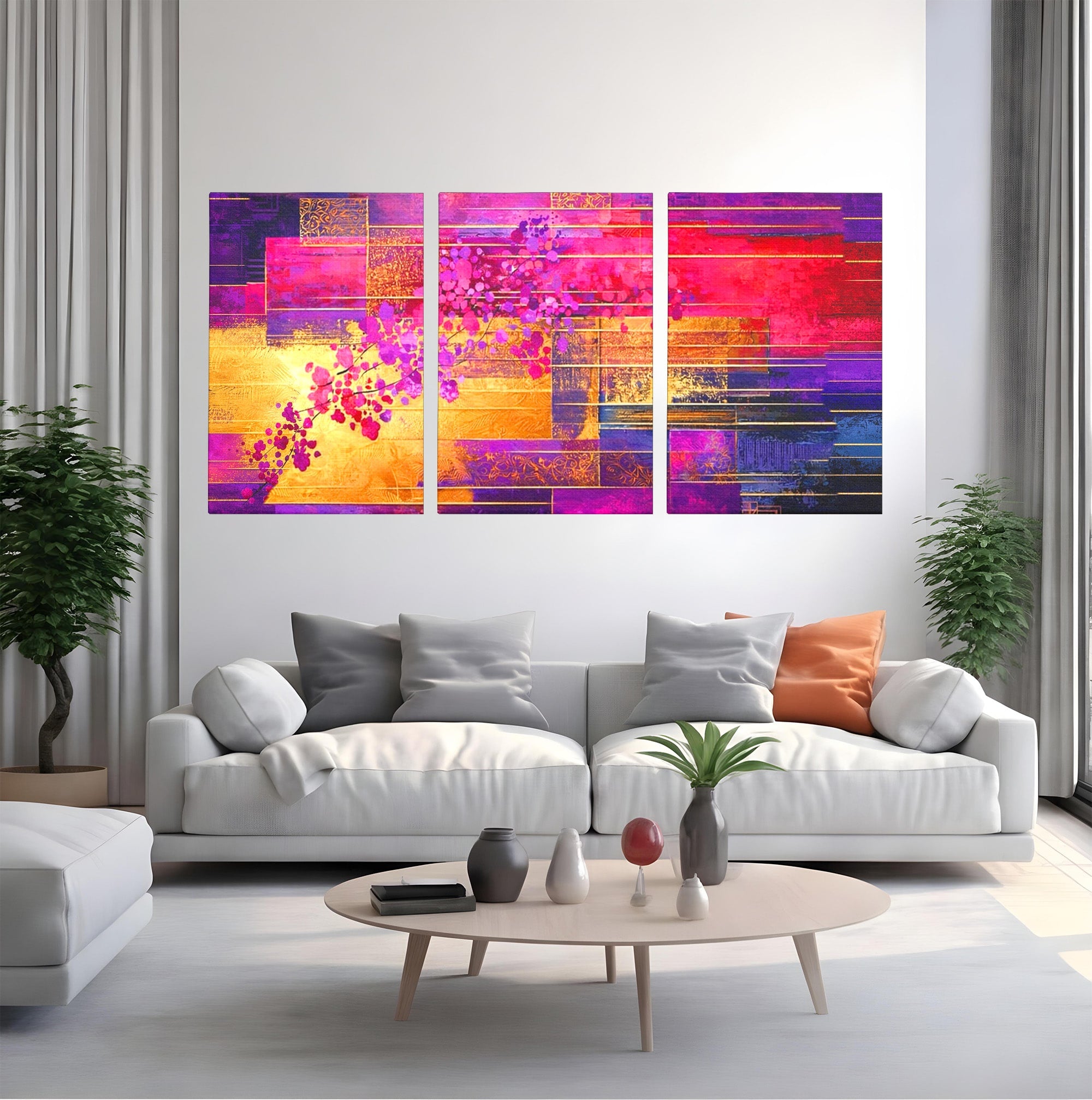 Set 3 Tablouri Canvas Premium LuxCanva® C3-1275, Gradina dintre linii, Geometrie, Mov, Roz, Abstract, Magenta, Linii, Textura, Armonie, Mister, Lumina, Eleganta, Violet, Auriu, Birou, Living, Dormitor