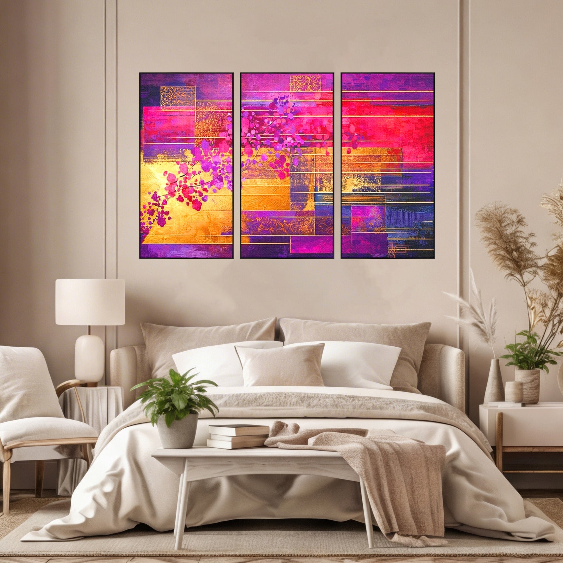 Set 3 Tablouri Canvas Premium LuxCanva® C3-1275, Gradina dintre linii, Geometrie, Mov, Roz, Abstract, Magenta, Linii, Textura, Armonie, Mister, Lumina, Eleganta, Violet, Auriu, Birou, Living, Dormitor