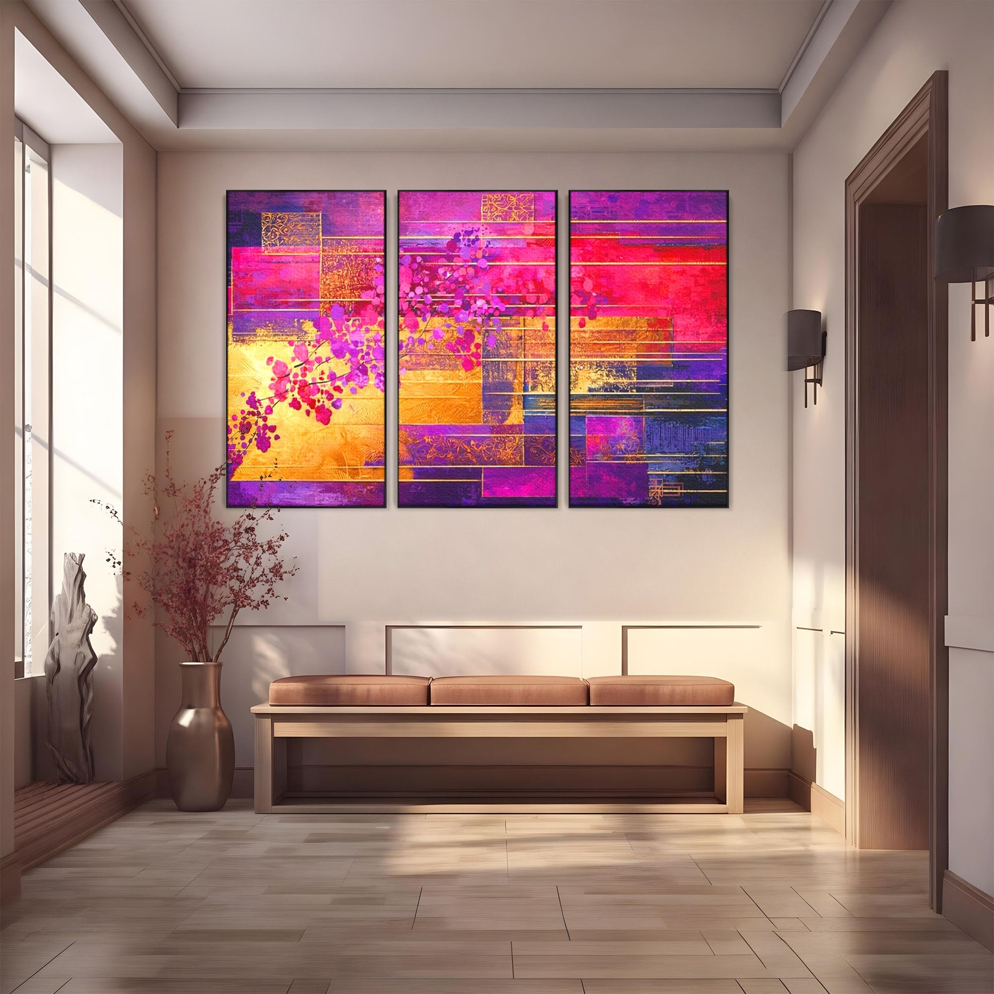 Set 3 Tablouri Canvas Premium LuxCanva® C3-1275, Gradina dintre linii, Geometrie, Mov, Roz, Abstract, Magenta, Linii, Textura, Armonie, Mister, Lumina, Eleganta, Violet, Auriu, Birou, Living, Dormitor