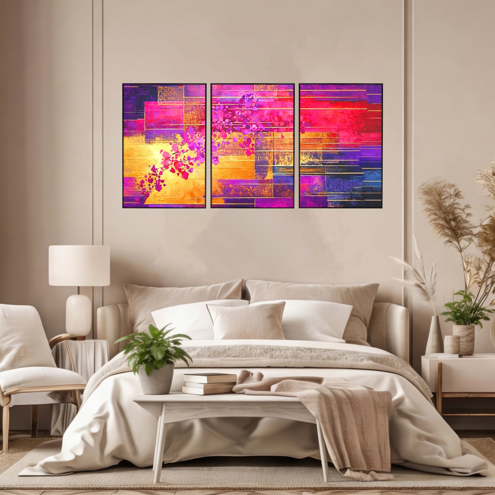 Set 3 Tablouri Canvas Premium LuxCanva® C3-1275, Gradina dintre linii, Geometrie, Mov, Roz, Abstract, Magenta, Linii, Textura, Armonie, Mister, Lumina, Eleganta, Violet, Auriu, Birou, Living, Dormitor