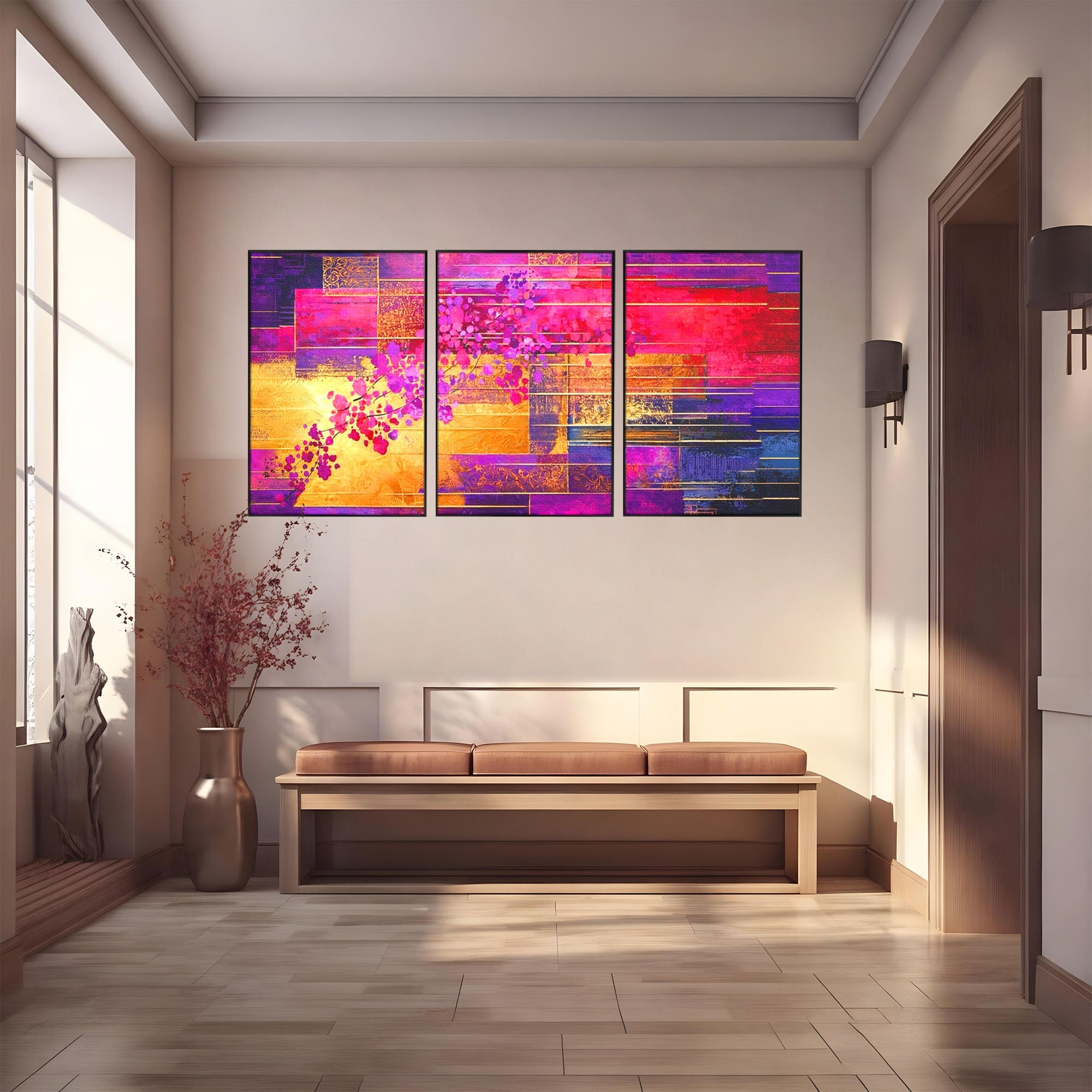 Set 3 Tablouri Canvas Premium LuxCanva® C3-1275, Gradina dintre linii, Geometrie, Mov, Roz, Abstract, Magenta, Linii, Textura, Armonie, Mister, Lumina, Eleganta, Violet, Auriu, Birou, Living, Dormitor