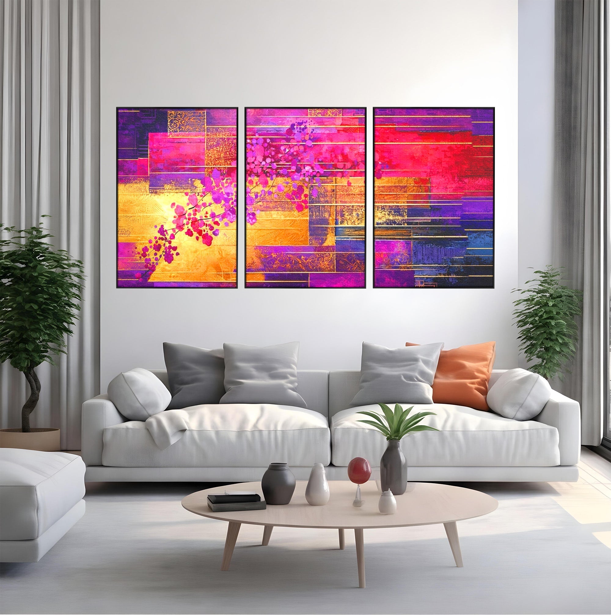 Set 3 Tablouri Canvas Premium LuxCanva® C3-1275, Gradina dintre linii, Geometrie, Mov, Roz, Abstract, Magenta, Linii, Textura, Armonie, Mister, Lumina, Eleganta, Violet, Auriu, Birou, Living, Dormitor