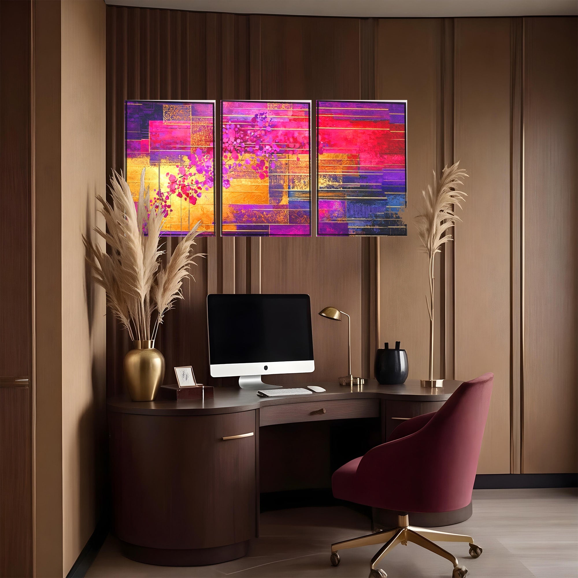 Set 3 Tablouri Canvas Premium LuxCanva® C3-1275, Gradina dintre linii, Geometrie, Mov, Roz, Abstract, Magenta, Linii, Textura, Armonie, Mister, Lumina, Eleganta, Violet, Auriu, Birou, Living, Dormitor