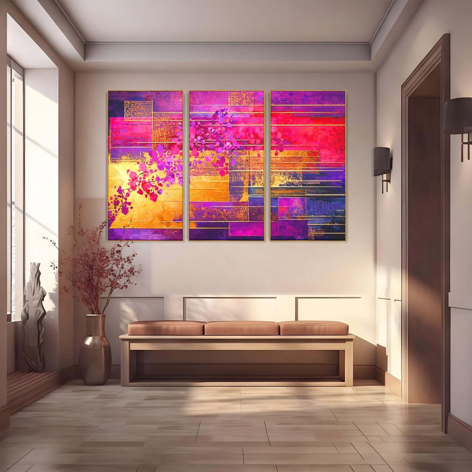 Set 3 Tablouri Canvas Premium LuxCanva® C3-1275, Gradina dintre linii, Geometrie, Mov, Roz, Abstract, Magenta, Linii, Textura, Armonie, Mister, Lumina, Eleganta, Violet, Auriu, Birou, Living, Dormitor