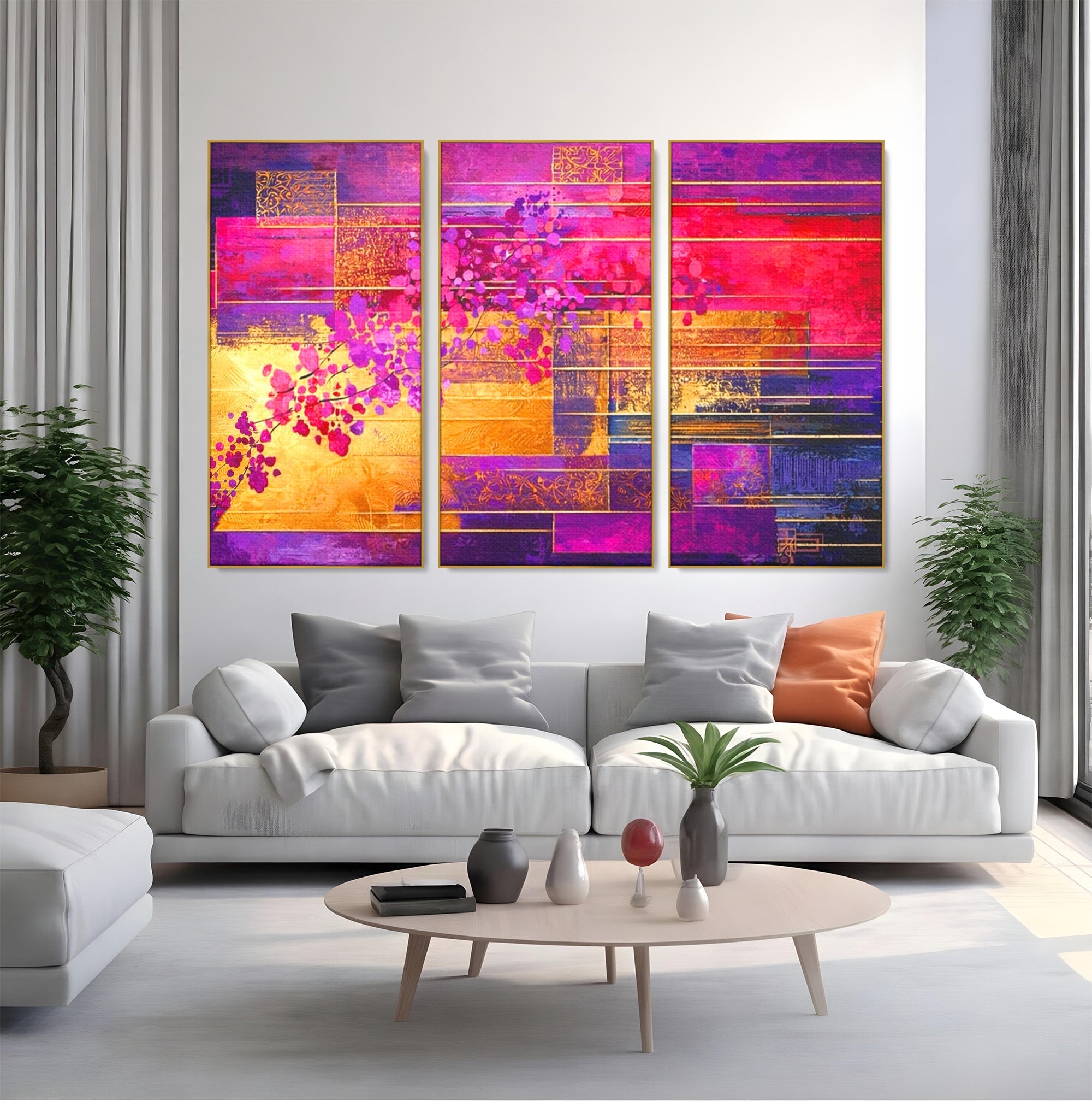 Set 3 Tablouri Canvas Premium LuxCanva® C3-1275, Gradina dintre linii, Geometrie, Mov, Roz, Abstract, Magenta, Linii, Textura, Armonie, Mister, Lumina, Eleganta, Violet, Auriu, Birou, Living, Dormitor