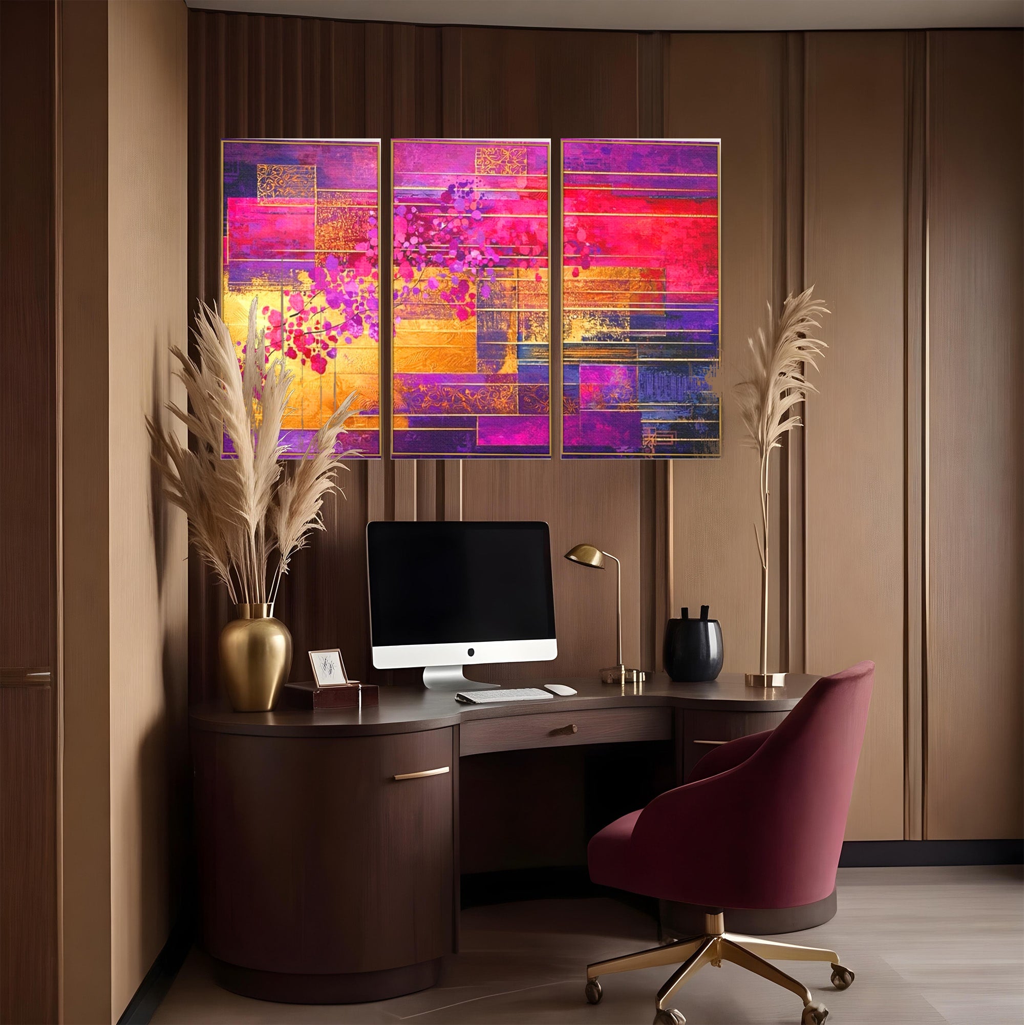 Set 3 Tablouri Canvas Premium LuxCanva® C3-1275, Gradina dintre linii, Geometrie, Mov, Roz, Abstract, Magenta, Linii, Textura, Armonie, Mister, Lumina, Eleganta, Violet, Auriu, Birou, Living, Dormitor
