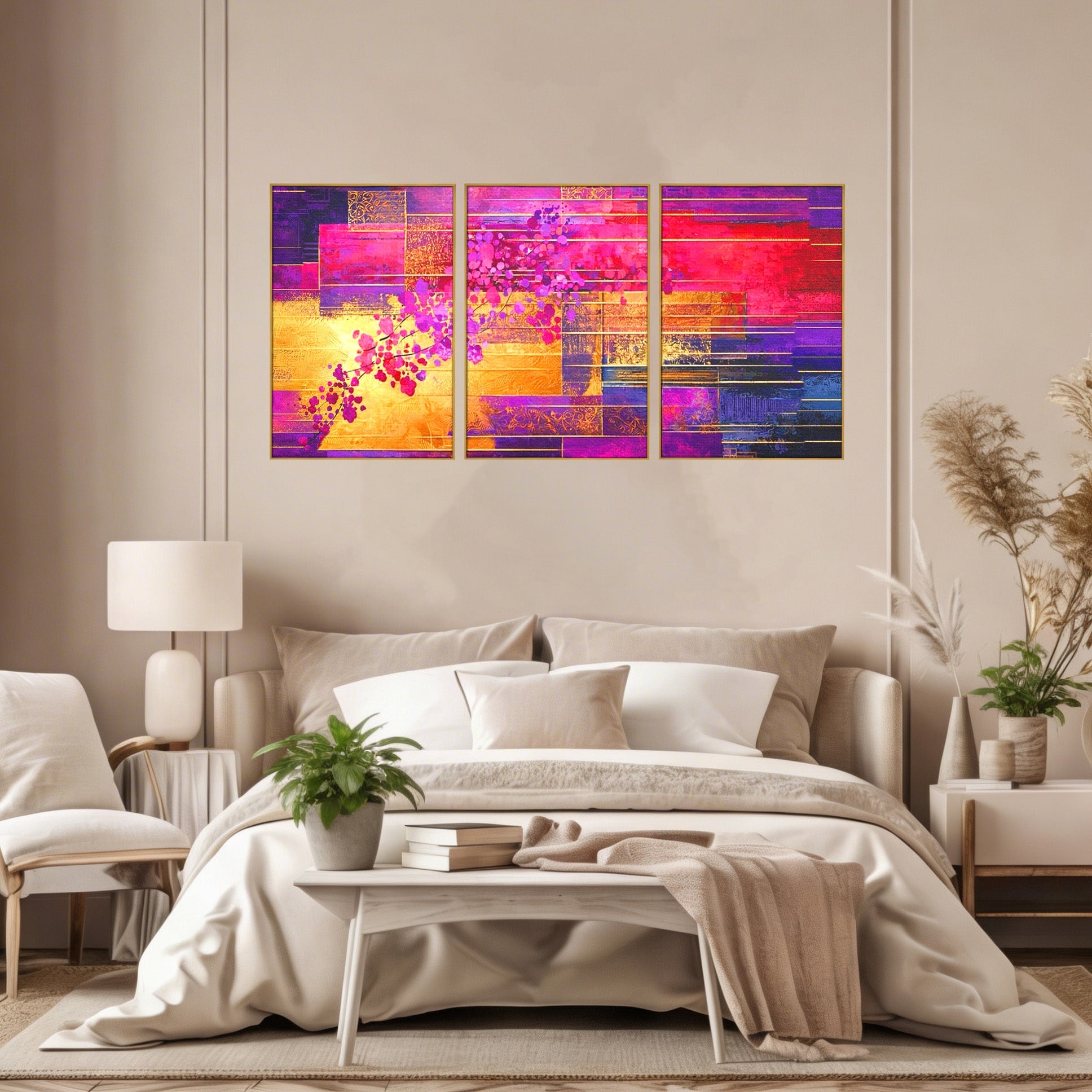 Set 3 Tablouri Canvas Premium LuxCanva® C3-1275, Gradina dintre linii, Geometrie, Mov, Roz, Abstract, Magenta, Linii, Textura, Armonie, Mister, Lumina, Eleganta, Violet, Auriu, Birou, Living, Dormitor