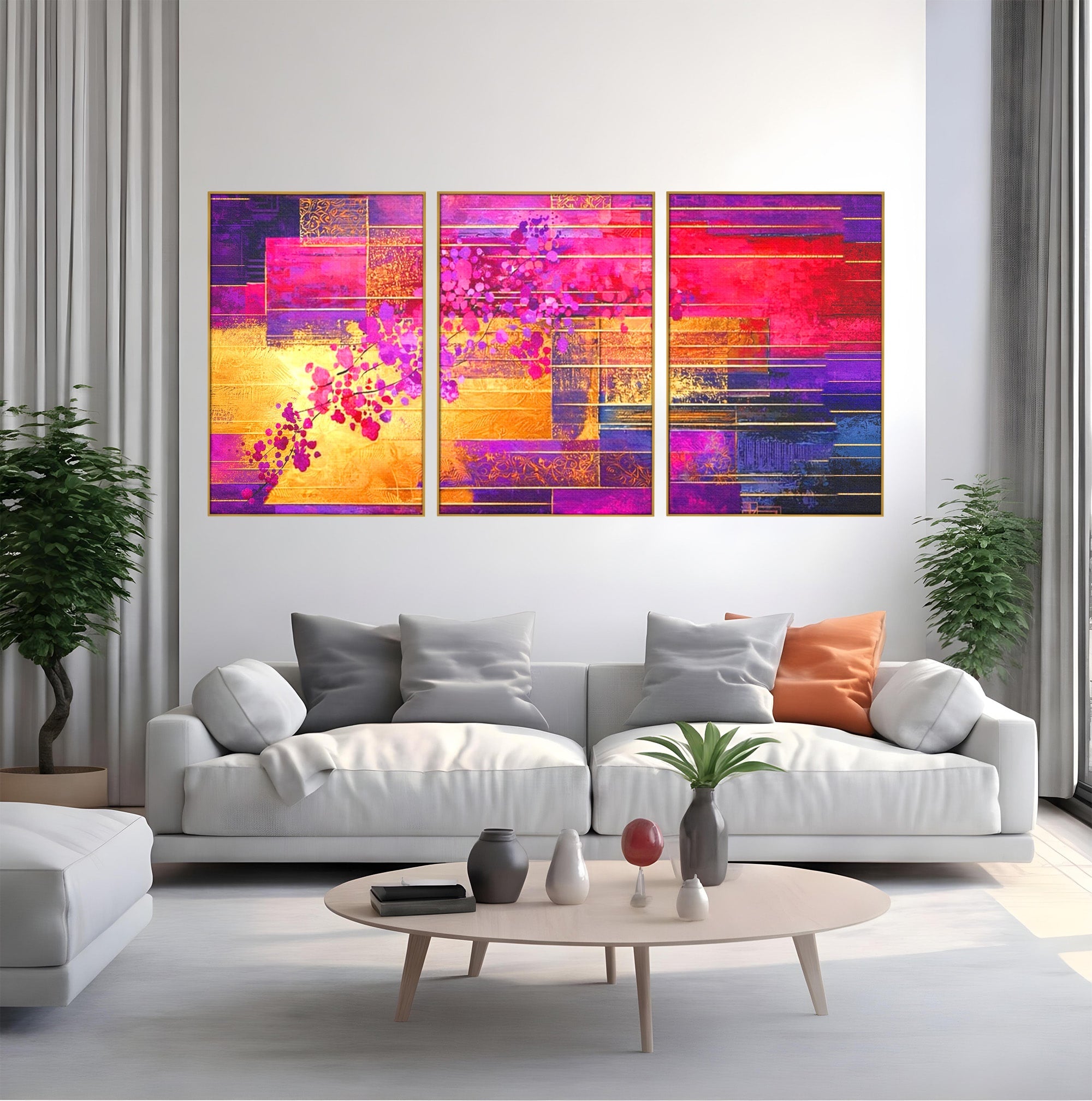 Set 3 Tablouri Canvas Premium LuxCanva® C3-1275, Gradina dintre linii, Geometrie, Mov, Roz, Abstract, Magenta, Linii, Textura, Armonie, Mister, Lumina, Eleganta, Violet, Auriu, Birou, Living, Dormitor