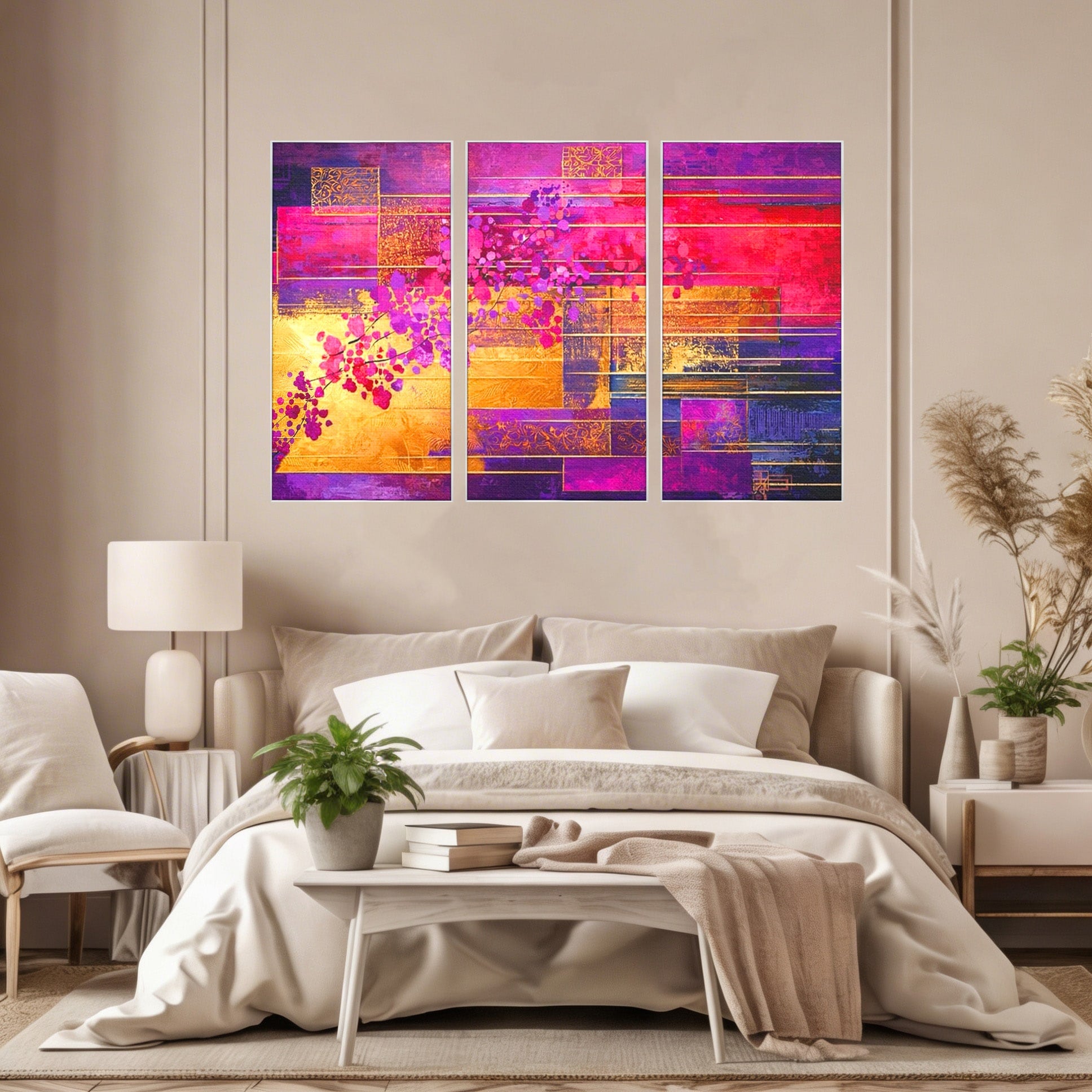 Set 3 Tablouri Canvas Premium LuxCanva® C3-1275, Gradina dintre linii, Geometrie, Mov, Roz, Abstract, Magenta, Linii, Textura, Armonie, Mister, Lumina, Eleganta, Violet, Auriu, Birou, Living, Dormitor
