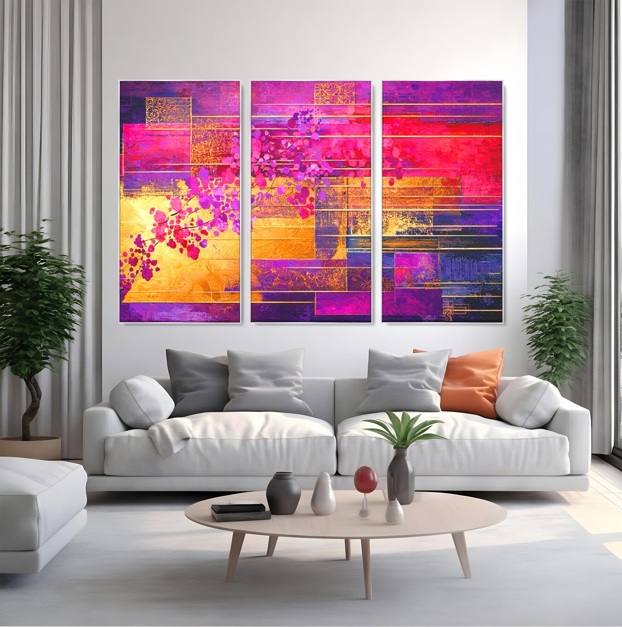 Set 3 Tablouri Canvas Premium LuxCanva® C3-1275, Gradina dintre linii, Geometrie, Mov, Roz, Abstract, Magenta, Linii, Textura, Armonie, Mister, Lumina, Eleganta, Violet, Auriu, Birou, Living, Dormitor