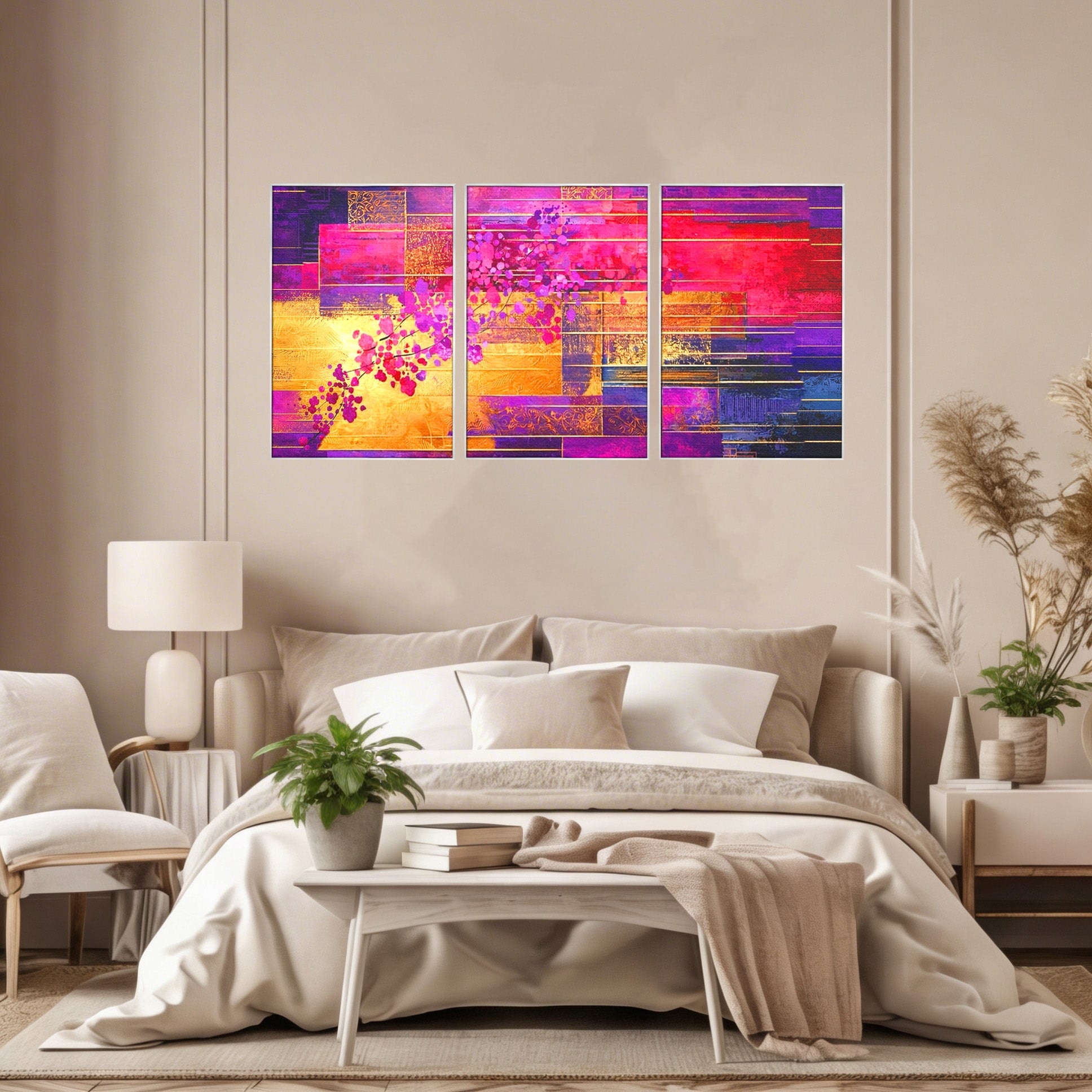 Set 3 Tablouri Canvas Premium LuxCanva® C3-1275, Gradina dintre linii, Geometrie, Mov, Roz, Abstract, Magenta, Linii, Textura, Armonie, Mister, Lumina, Eleganta, Violet, Auriu, Birou, Living, Dormitor