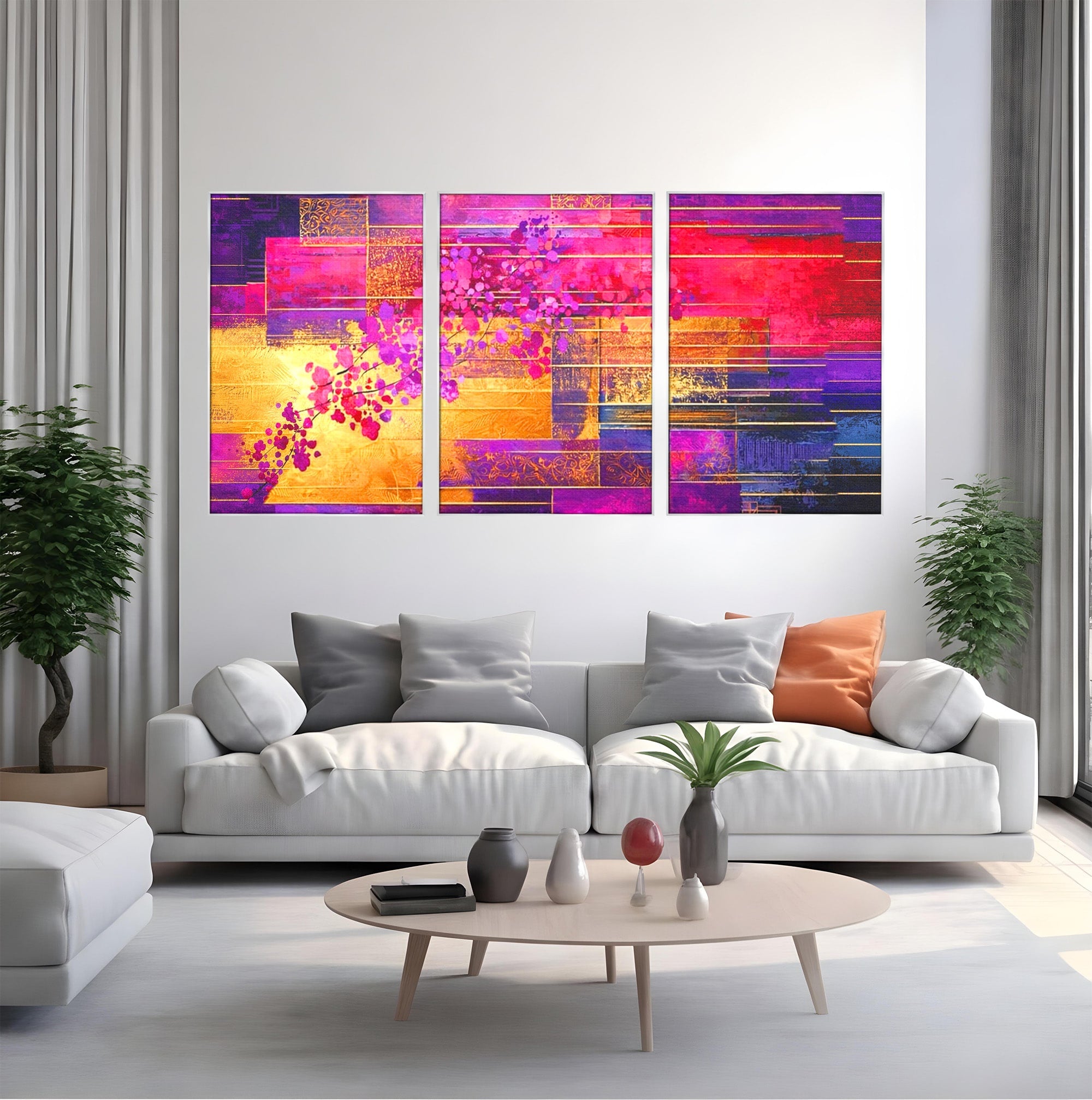 Set 3 Tablouri Canvas Premium LuxCanva® C3-1275, Gradina dintre linii, Geometrie, Mov, Roz, Abstract, Magenta, Linii, Textura, Armonie, Mister, Lumina, Eleganta, Violet, Auriu, Birou, Living, Dormitor