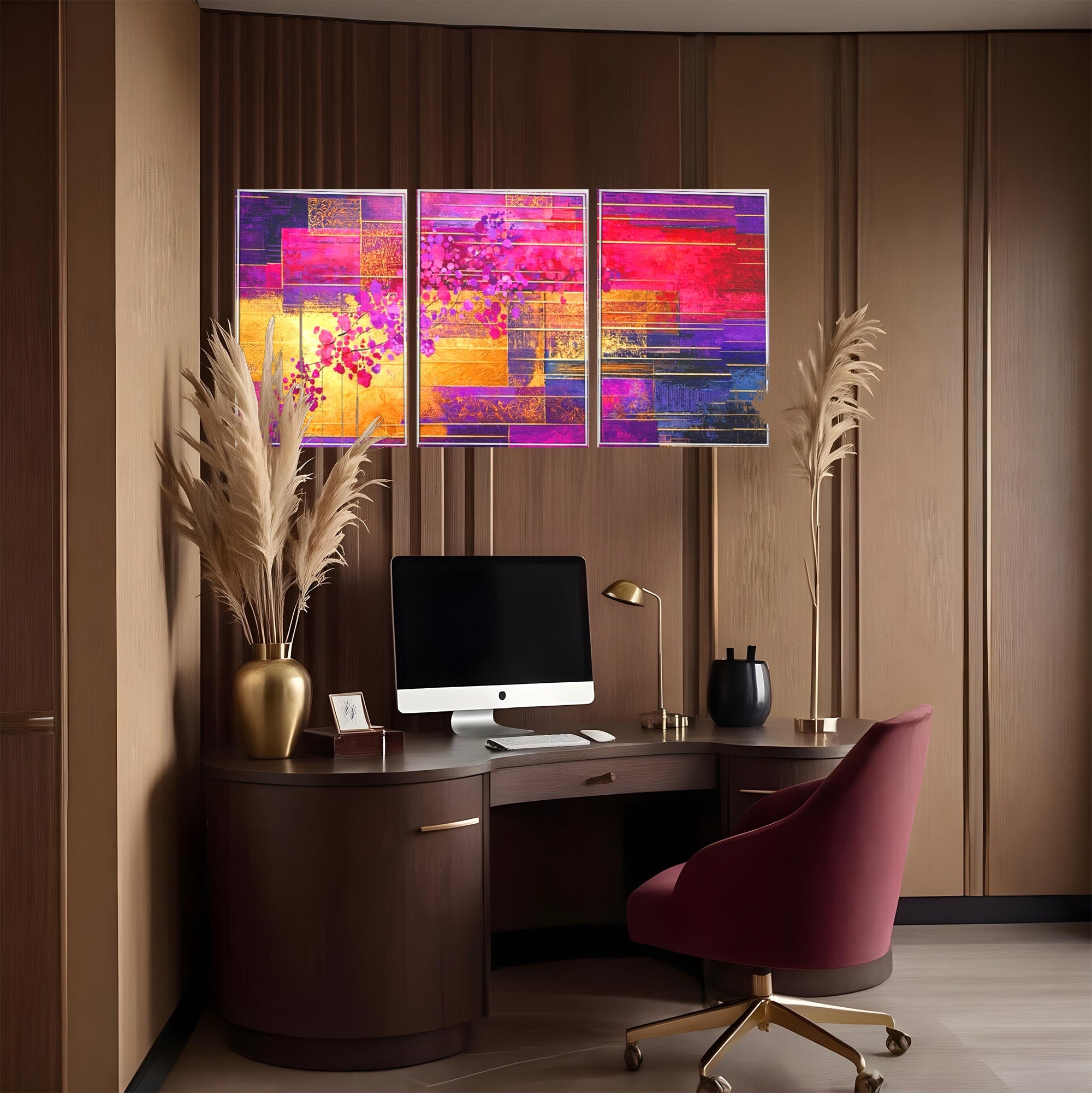 Set 3 Tablouri Canvas Premium LuxCanva® C3-1275, Gradina dintre linii, Geometrie, Mov, Roz, Abstract, Magenta, Linii, Textura, Armonie, Mister, Lumina, Eleganta, Violet, Auriu, Birou, Living, Dormitor