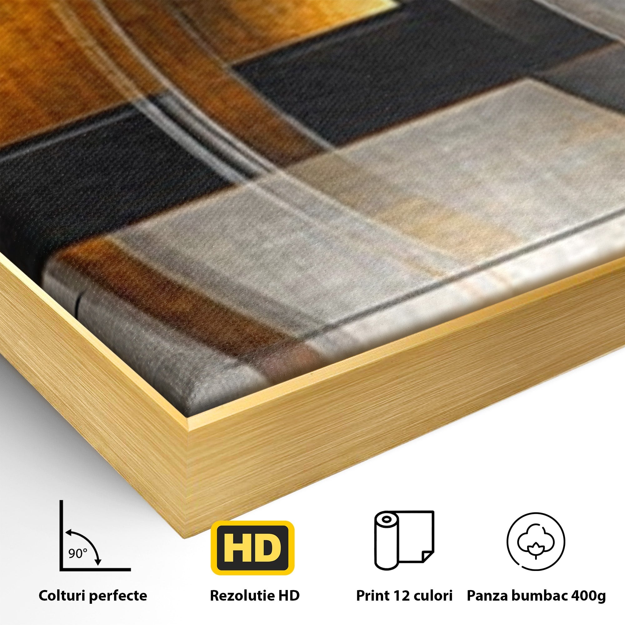 Set 3 Tablouri Canvas Premium LuxCanva® C3-1276, Forme care gandesc, Geometrie, Auriu, Abstract, Linii, Textura, Monumental, Gravitatie, Univers, Soare, Sacru, Modern, Expozitie, Birou, Living, Dormitor