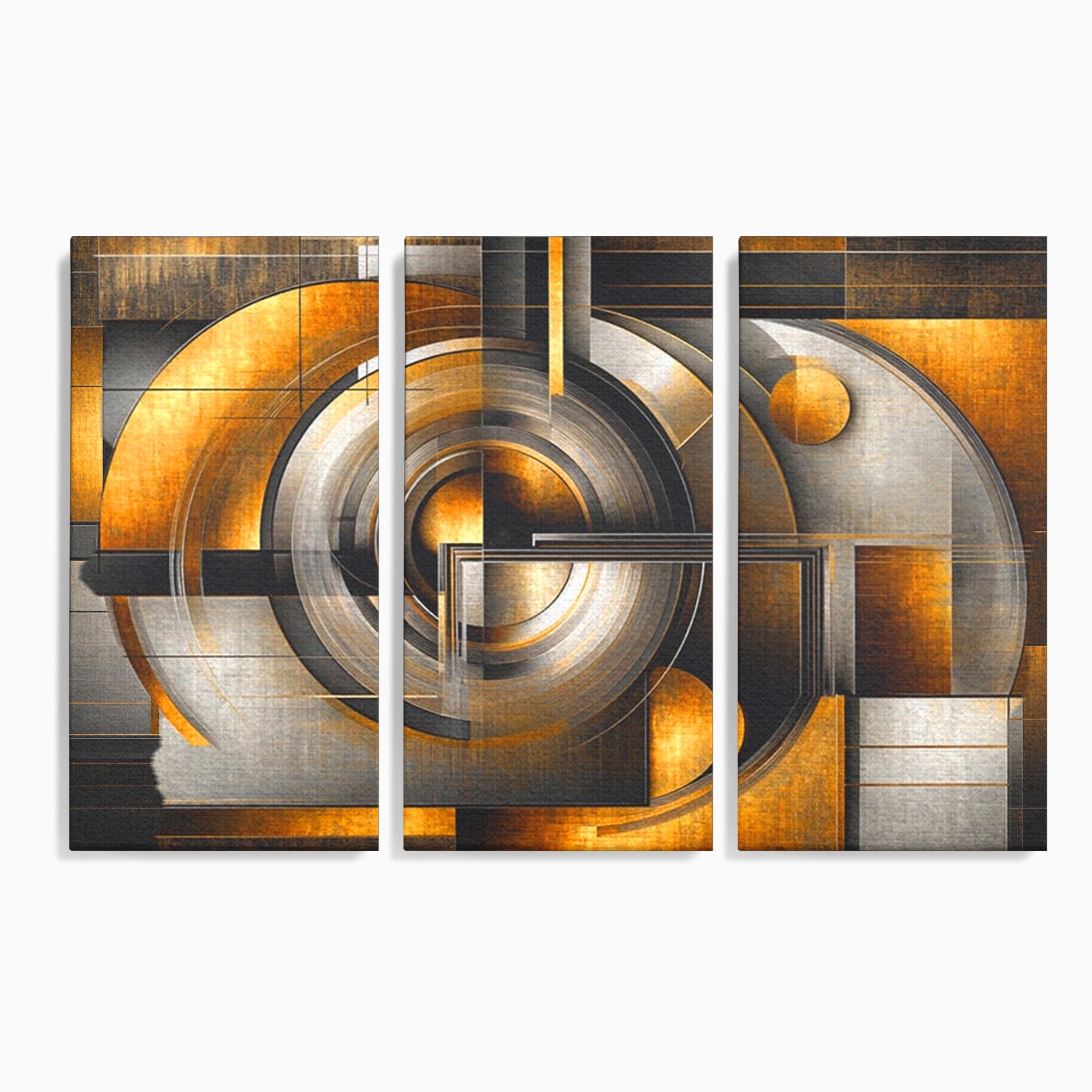 Set 3 Tablouri Canvas Premium LuxCanva® C3-1276, Forme care gandesc, Geometrie, Auriu, Abstract, Linii, Textura, Monumental, Gravitatie, Univers, Soare, Sacru, Modern, Expozitie, Birou, Living, Dormitor