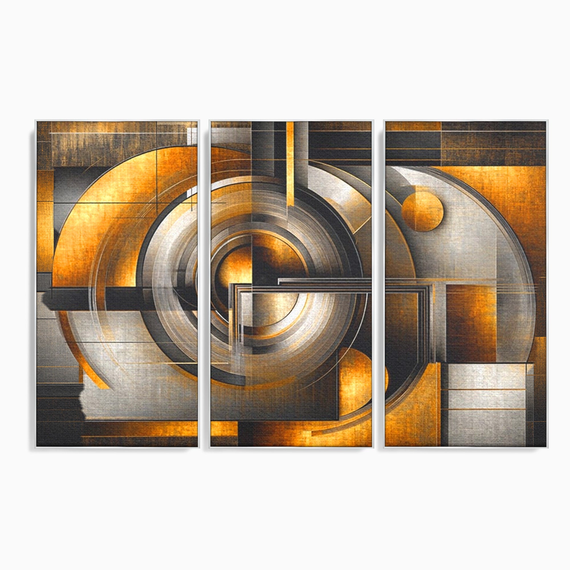 Set 3 Tablouri Canvas Premium LuxCanva® C3-1276, Forme care gandesc, Geometrie, Auriu, Abstract, Linii, Textura, Monumental, Gravitatie, Univers, Soare, Sacru, Modern, Expozitie, Birou, Living, Dormitor