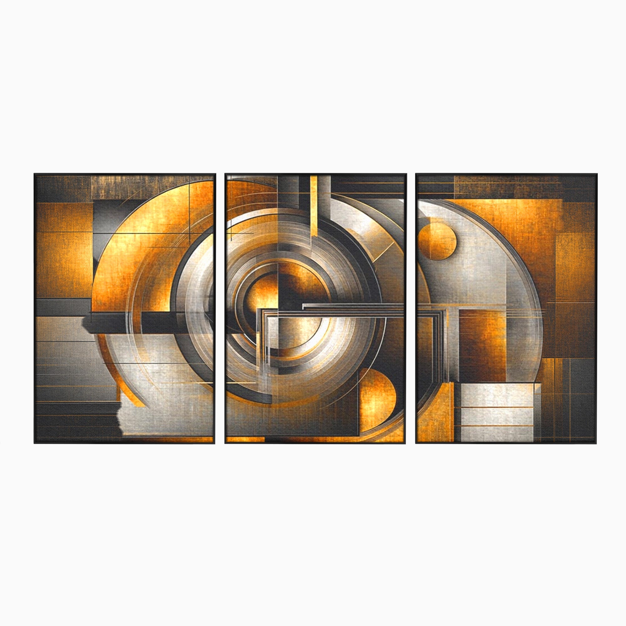 Set 3 Tablouri Canvas Premium LuxCanva® C3-1276, Forme care gandesc, Geometrie, Auriu, Abstract, Linii, Textura, Monumental, Gravitatie, Univers, Soare, Sacru, Modern, Expozitie, Birou, Living, Dormitor