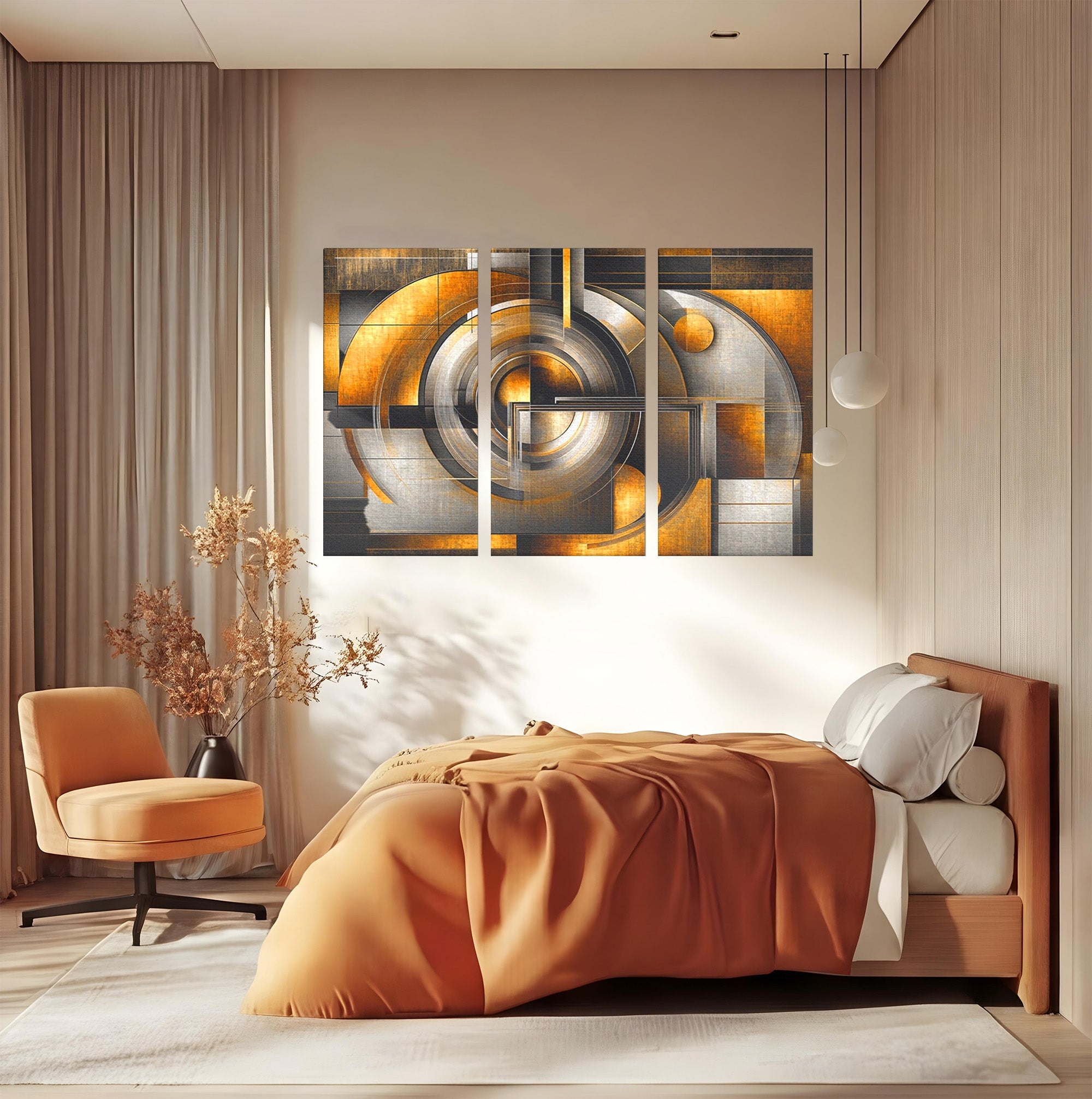 Set 3 Tablouri Canvas Premium LuxCanva® C3-1276, Forme care gandesc, Geometrie, Auriu, Abstract, Linii, Textura, Monumental, Gravitatie, Univers, Soare, Sacru, Modern, Expozitie, Birou, Living, Dormitor