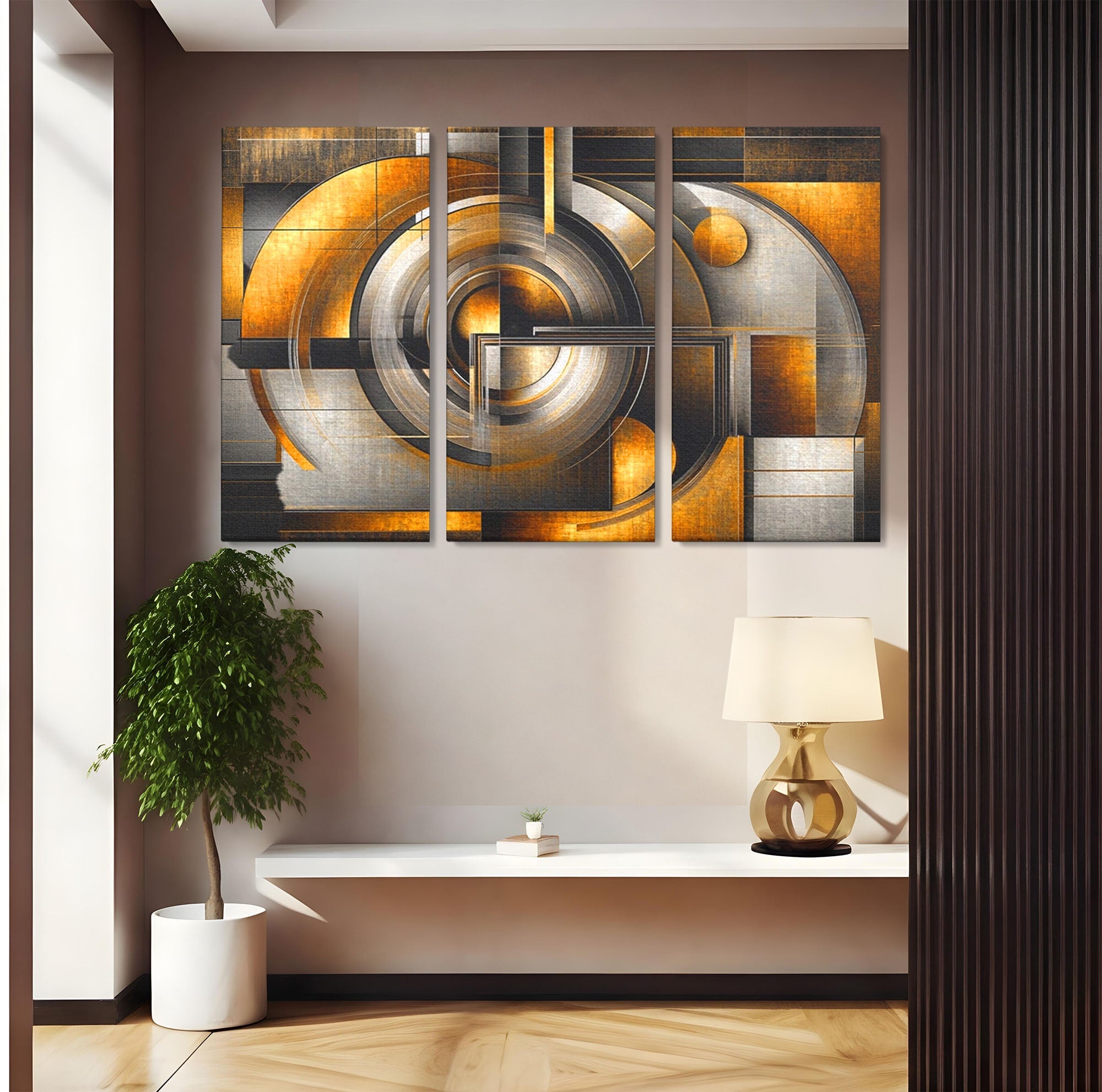 Set 3 Tablouri Canvas Premium LuxCanva® C3-1276, Forme care gandesc, Geometrie, Auriu, Abstract, Linii, Textura, Monumental, Gravitatie, Univers, Soare, Sacru, Modern, Expozitie, Birou, Living, Dormitor
