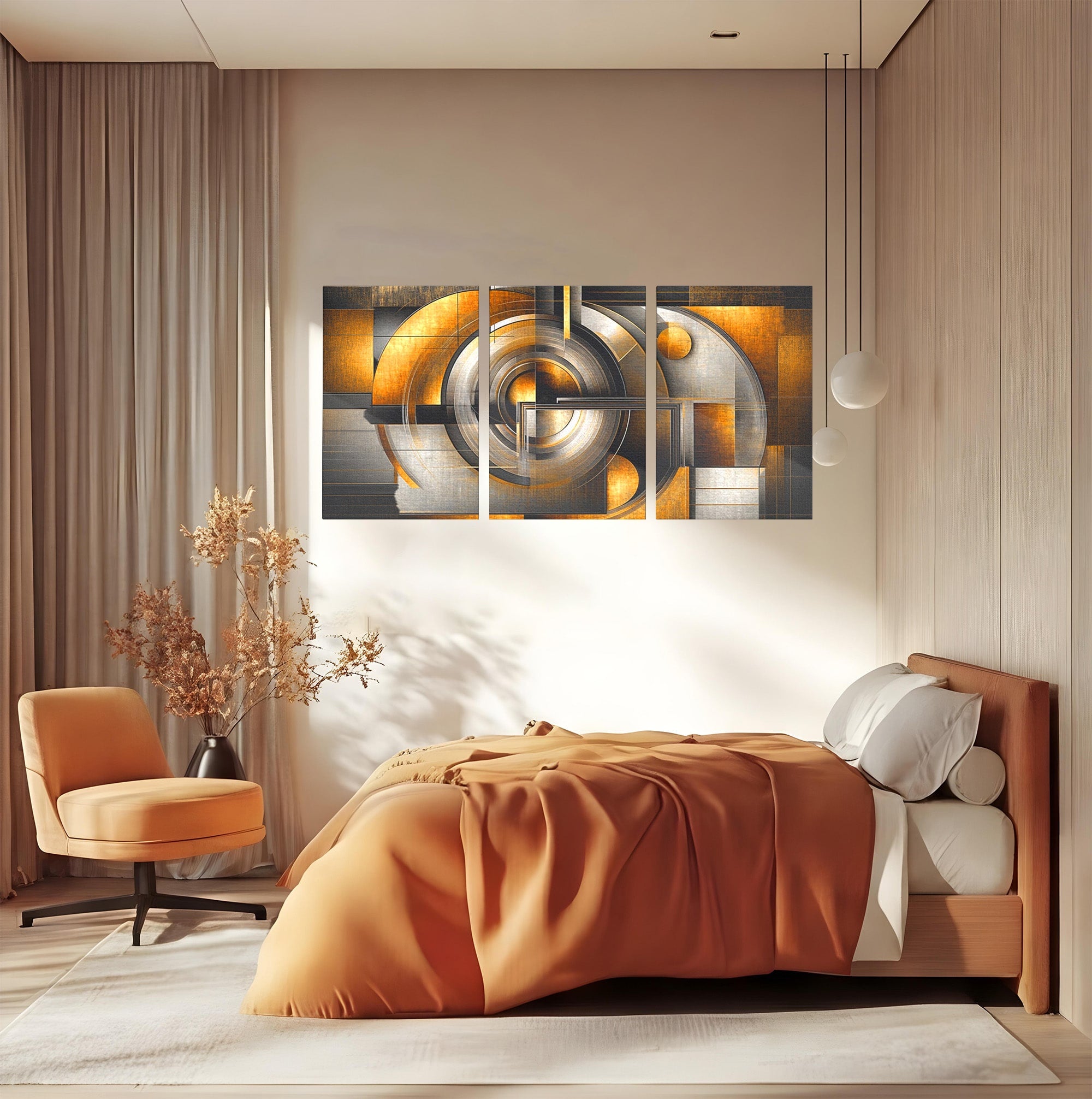 Set 3 Tablouri Canvas Premium LuxCanva® C3-1276, Forme care gandesc, Geometrie, Auriu, Abstract, Linii, Textura, Monumental, Gravitatie, Univers, Soare, Sacru, Modern, Expozitie, Birou, Living, Dormitor
