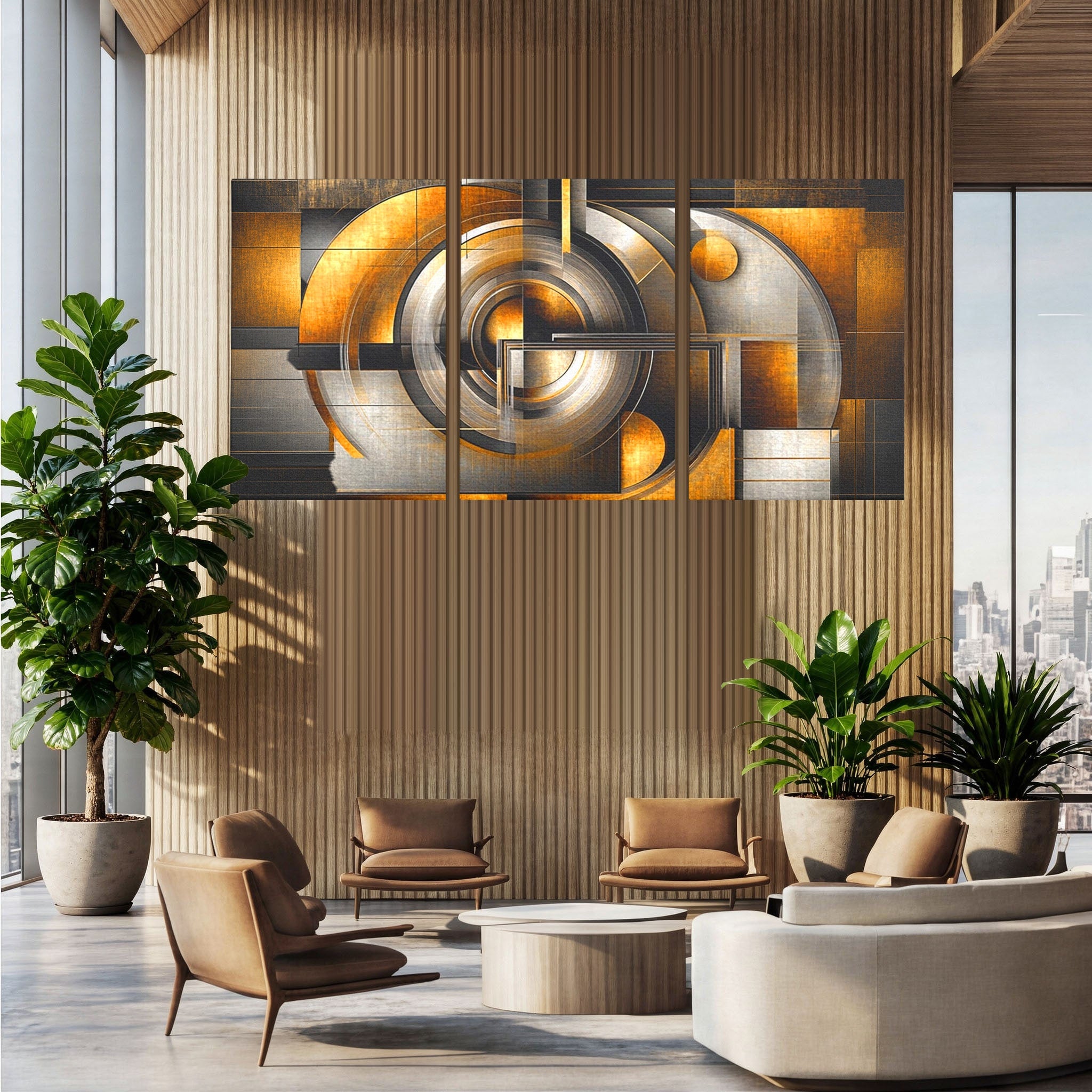 Set 3 Tablouri Canvas Premium LuxCanva® C3-1276, Forme care gandesc, Geometrie, Auriu, Abstract, Linii, Textura, Monumental, Gravitatie, Univers, Soare, Sacru, Modern, Expozitie, Birou, Living, Dormitor