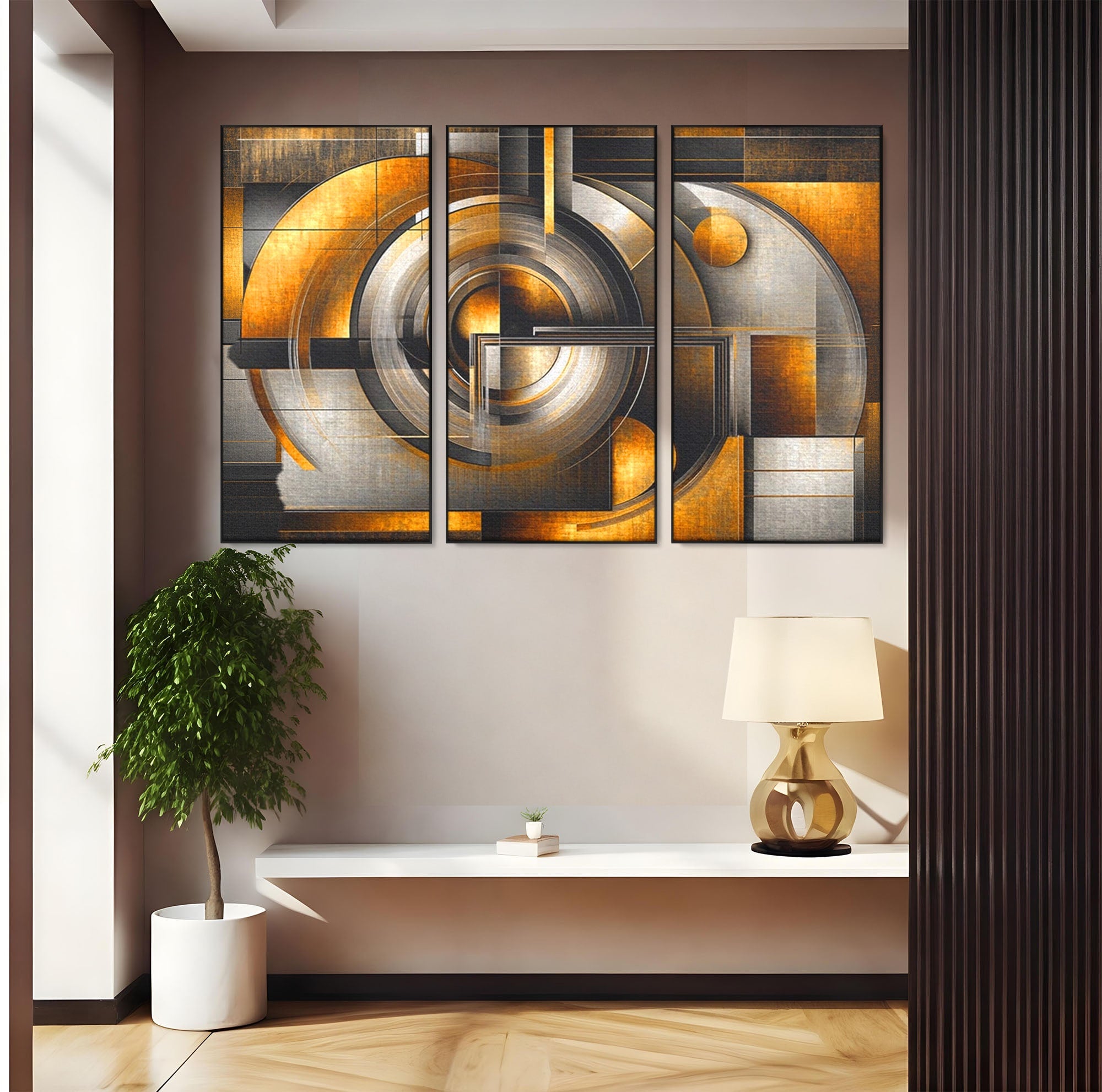 Set 3 Tablouri Canvas Premium LuxCanva® C3-1276, Forme care gandesc, Geometrie, Auriu, Abstract, Linii, Textura, Monumental, Gravitatie, Univers, Soare, Sacru, Modern, Expozitie, Birou, Living, Dormitor