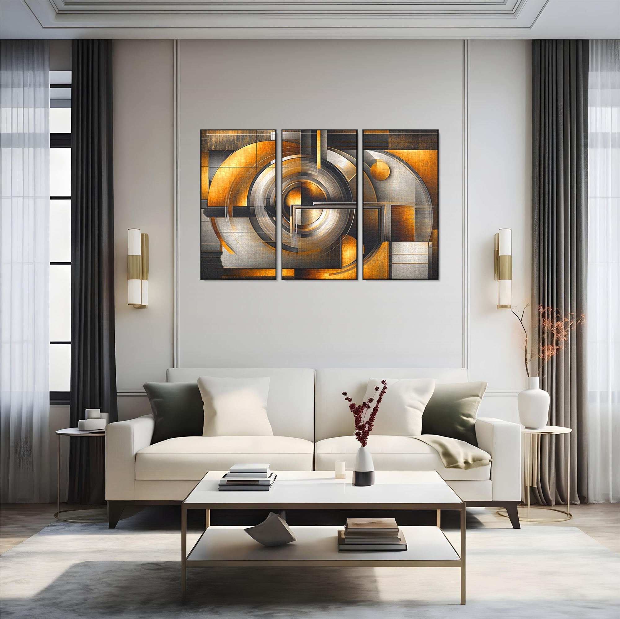 Set 3 Tablouri Canvas Premium LuxCanva® C3-1276, Forme care gandesc, Geometrie, Auriu, Abstract, Linii, Textura, Monumental, Gravitatie, Univers, Soare, Sacru, Modern, Expozitie, Birou, Living, Dormitor