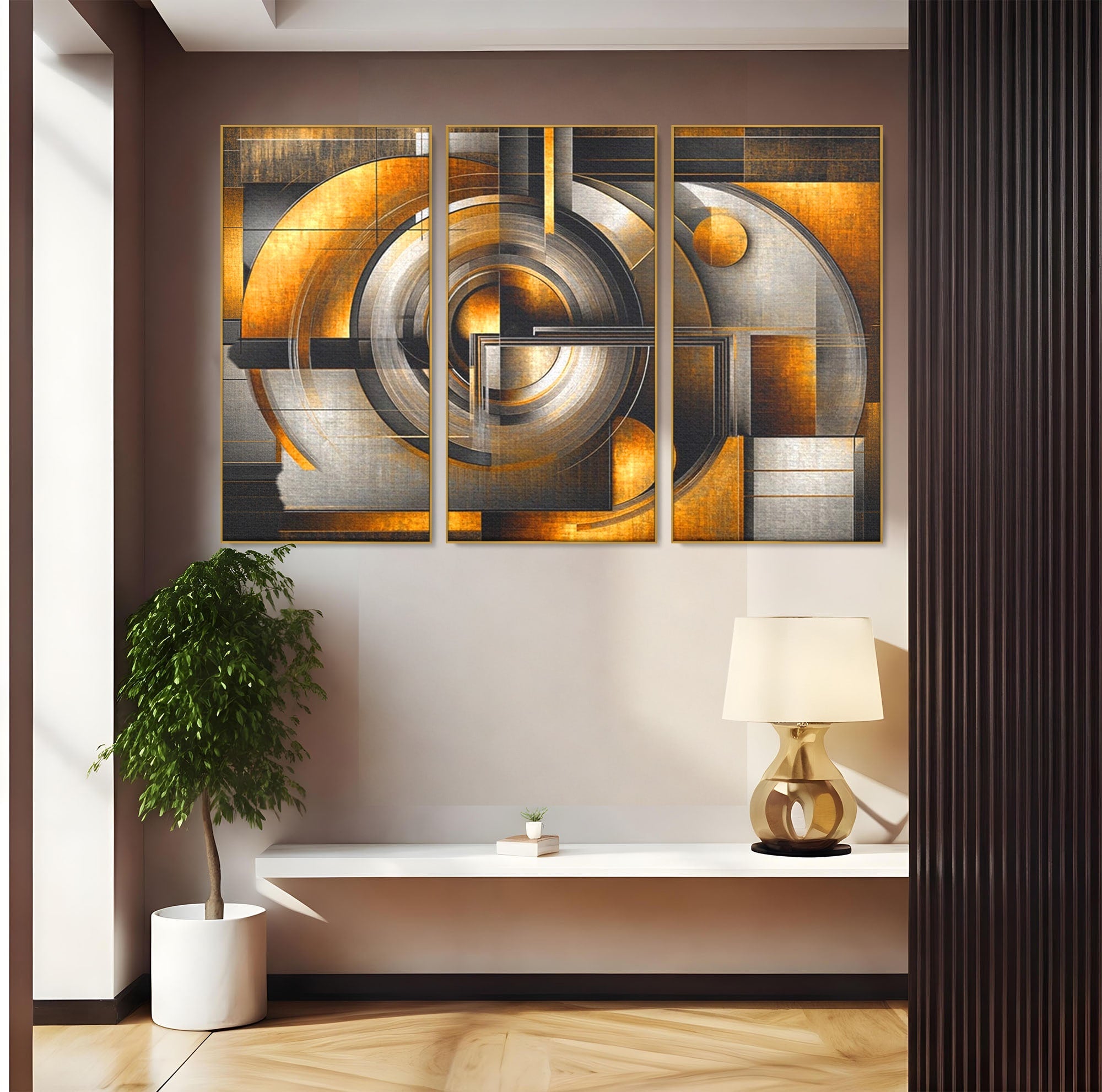 Set 3 Tablouri Canvas Premium LuxCanva® C3-1276, Forme care gandesc, Geometrie, Auriu, Abstract, Linii, Textura, Monumental, Gravitatie, Univers, Soare, Sacru, Modern, Expozitie, Birou, Living, Dormitor