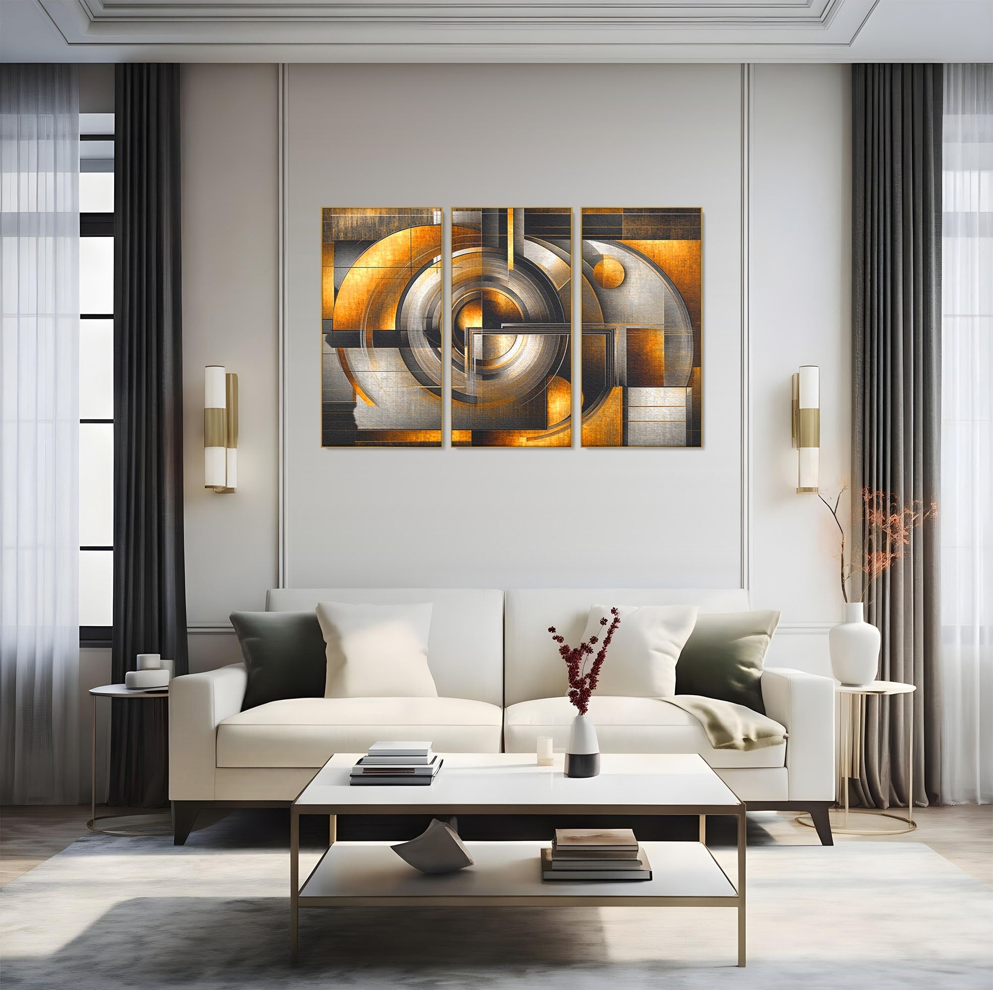 Set 3 Tablouri Canvas Premium LuxCanva® C3-1276, Forme care gandesc, Geometrie, Auriu, Abstract, Linii, Textura, Monumental, Gravitatie, Univers, Soare, Sacru, Modern, Expozitie, Birou, Living, Dormitor