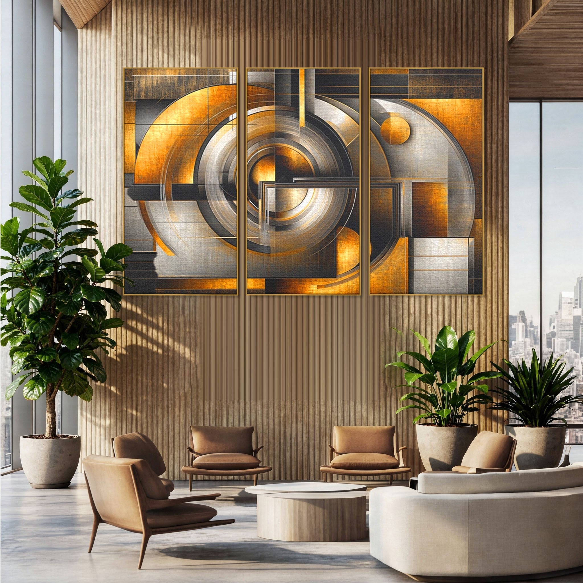 Set 3 Tablouri Canvas Premium LuxCanva® C3-1276, Forme care gandesc, Geometrie, Auriu, Abstract, Linii, Textura, Monumental, Gravitatie, Univers, Soare, Sacru, Modern, Expozitie, Birou, Living, Dormitor