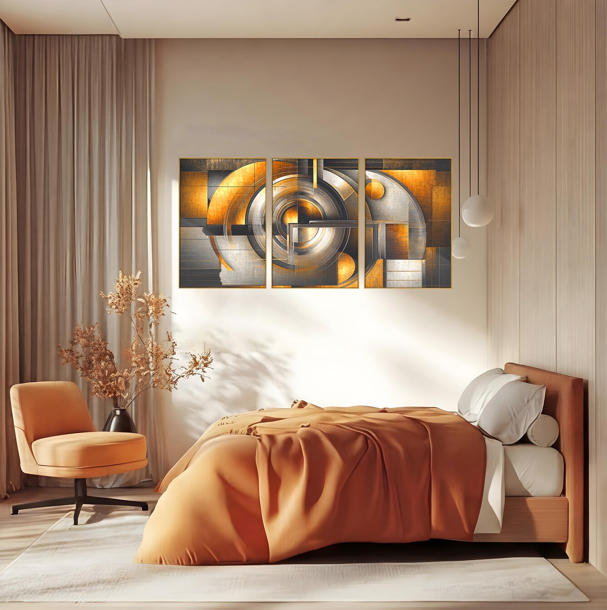 Set 3 Tablouri Canvas Premium LuxCanva® C3-1276, Forme care gandesc, Geometrie, Auriu, Abstract, Linii, Textura, Monumental, Gravitatie, Univers, Soare, Sacru, Modern, Expozitie, Birou, Living, Dormitor