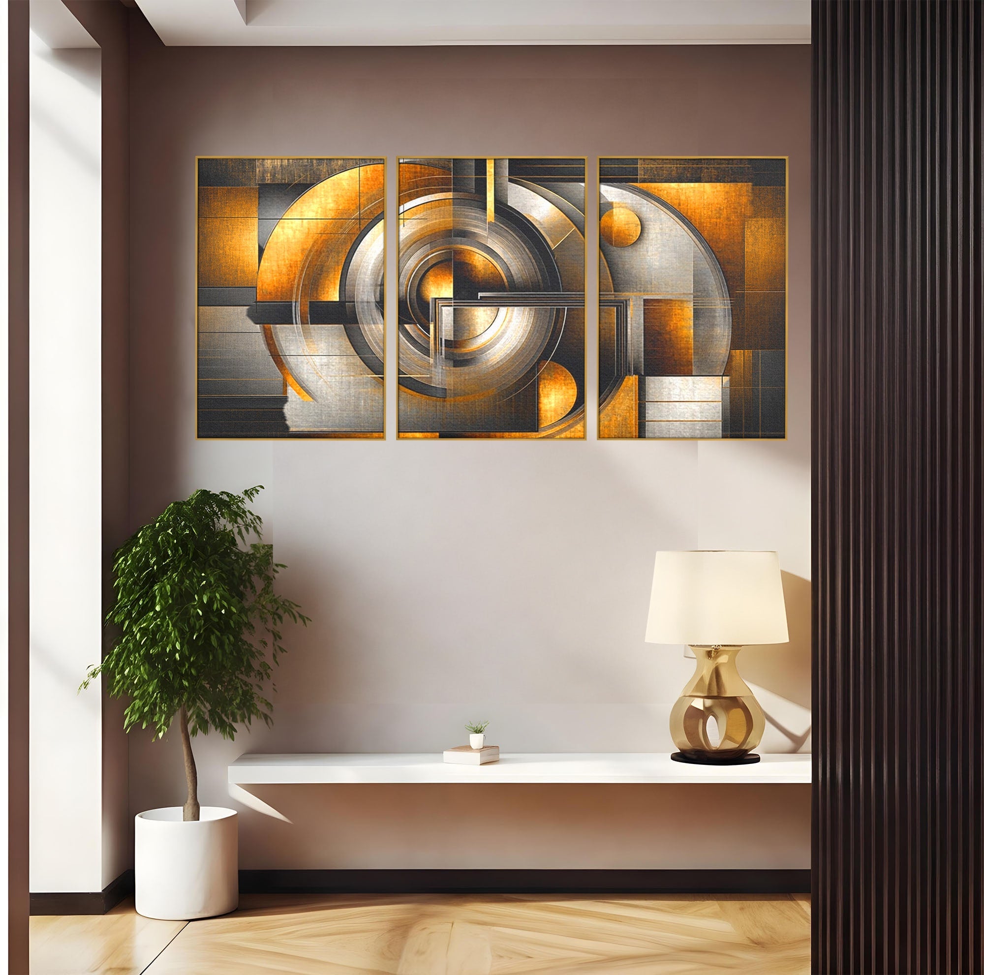 Set 3 Tablouri Canvas Premium LuxCanva® C3-1276, Forme care gandesc, Geometrie, Auriu, Abstract, Linii, Textura, Monumental, Gravitatie, Univers, Soare, Sacru, Modern, Expozitie, Birou, Living, Dormitor