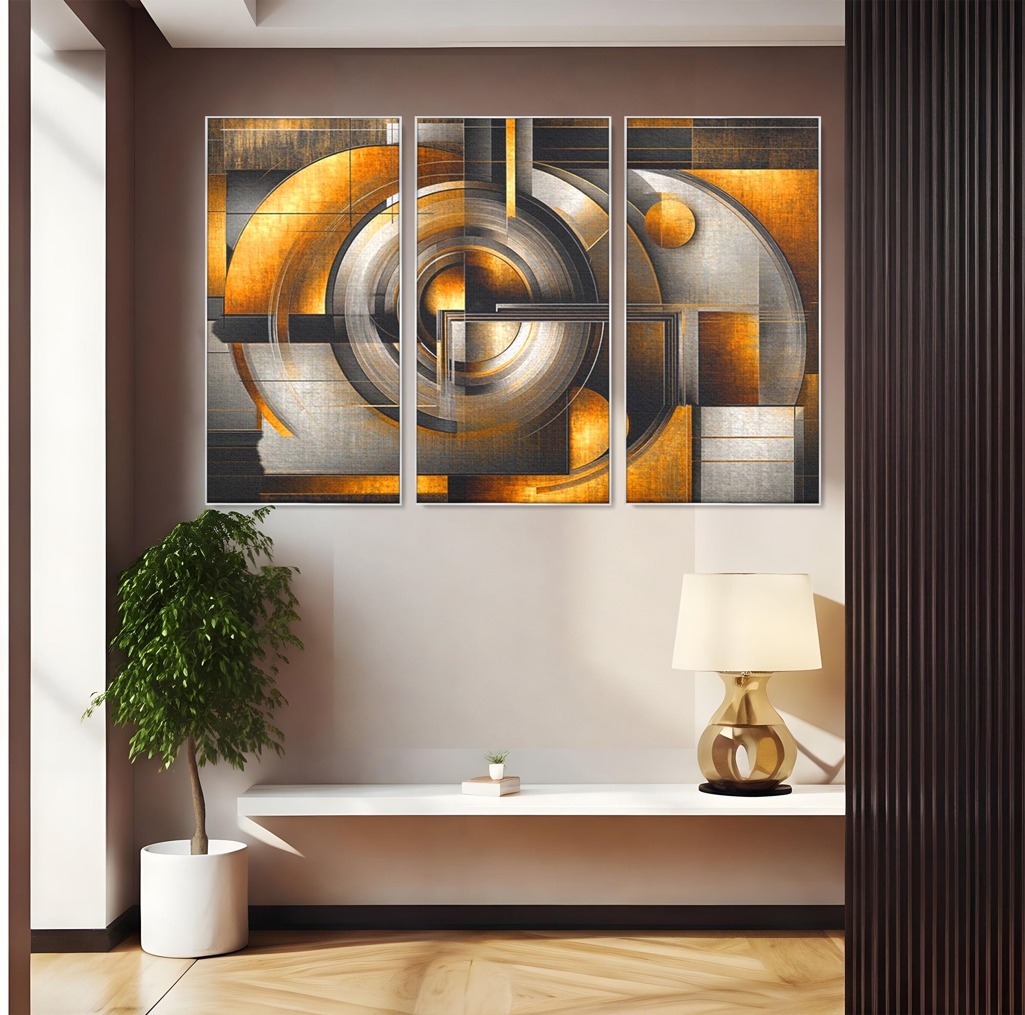 Set 3 Tablouri Canvas Premium LuxCanva® C3-1276, Forme care gandesc, Geometrie, Auriu, Abstract, Linii, Textura, Monumental, Gravitatie, Univers, Soare, Sacru, Modern, Expozitie, Birou, Living, Dormitor