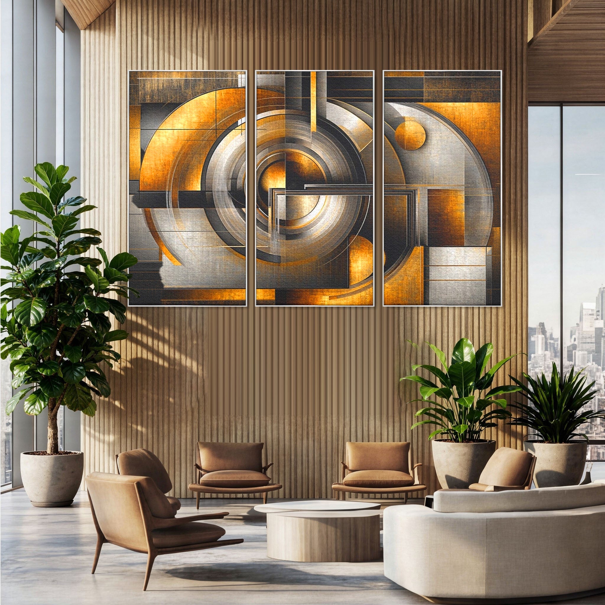 Set 3 Tablouri Canvas Premium LuxCanva® C3-1276, Forme care gandesc, Geometrie, Auriu, Abstract, Linii, Textura, Monumental, Gravitatie, Univers, Soare, Sacru, Modern, Expozitie, Birou, Living, Dormitor