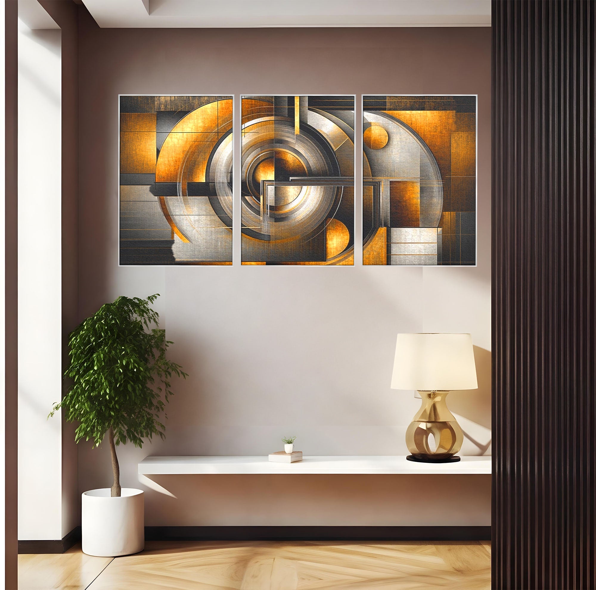 Set 3 Tablouri Canvas Premium LuxCanva® C3-1276, Forme care gandesc, Geometrie, Auriu, Abstract, Linii, Textura, Monumental, Gravitatie, Univers, Soare, Sacru, Modern, Expozitie, Birou, Living, Dormitor