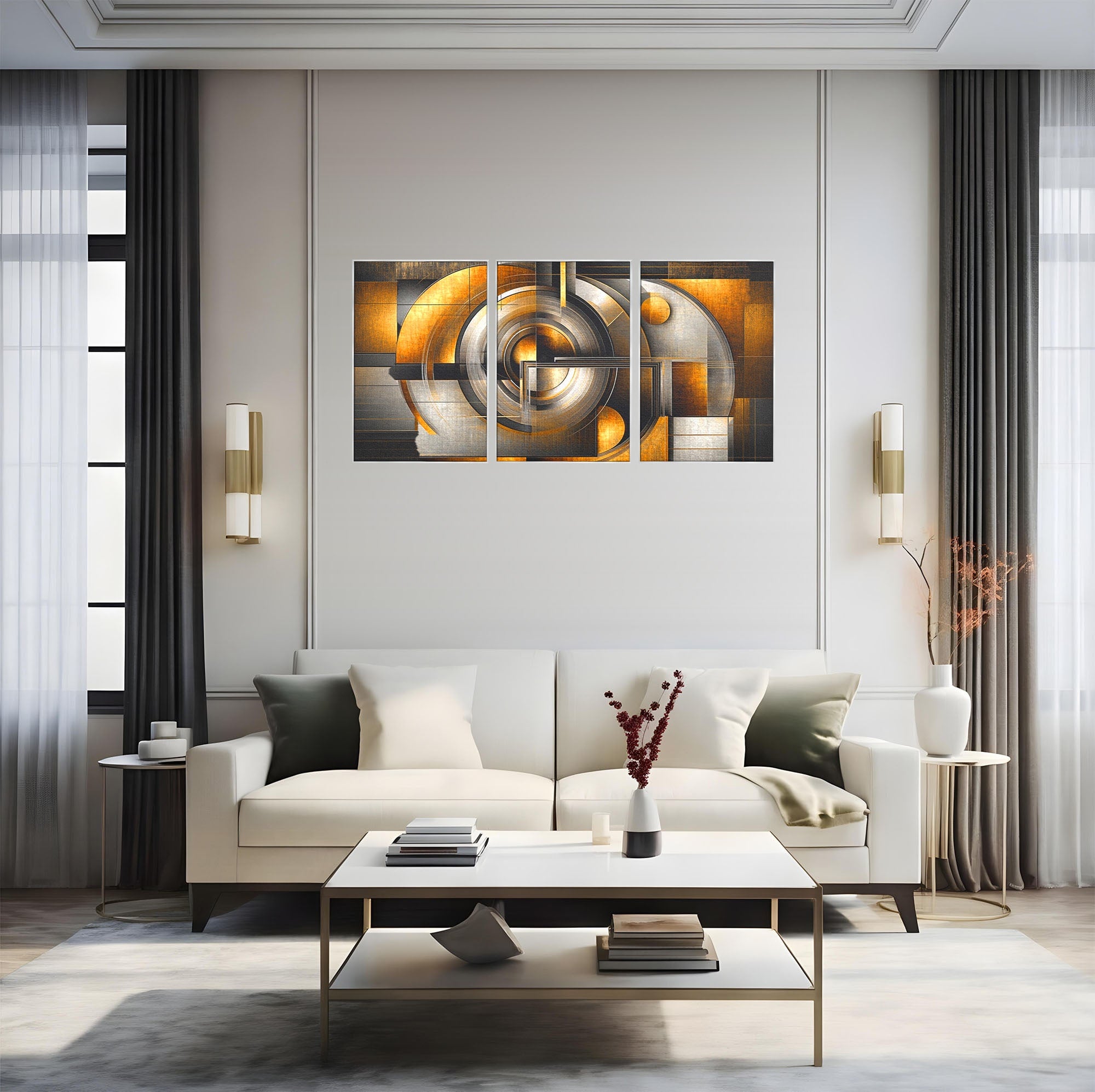 Set 3 Tablouri Canvas Premium LuxCanva® C3-1276, Forme care gandesc, Geometrie, Auriu, Abstract, Linii, Textura, Monumental, Gravitatie, Univers, Soare, Sacru, Modern, Expozitie, Birou, Living, Dormitor