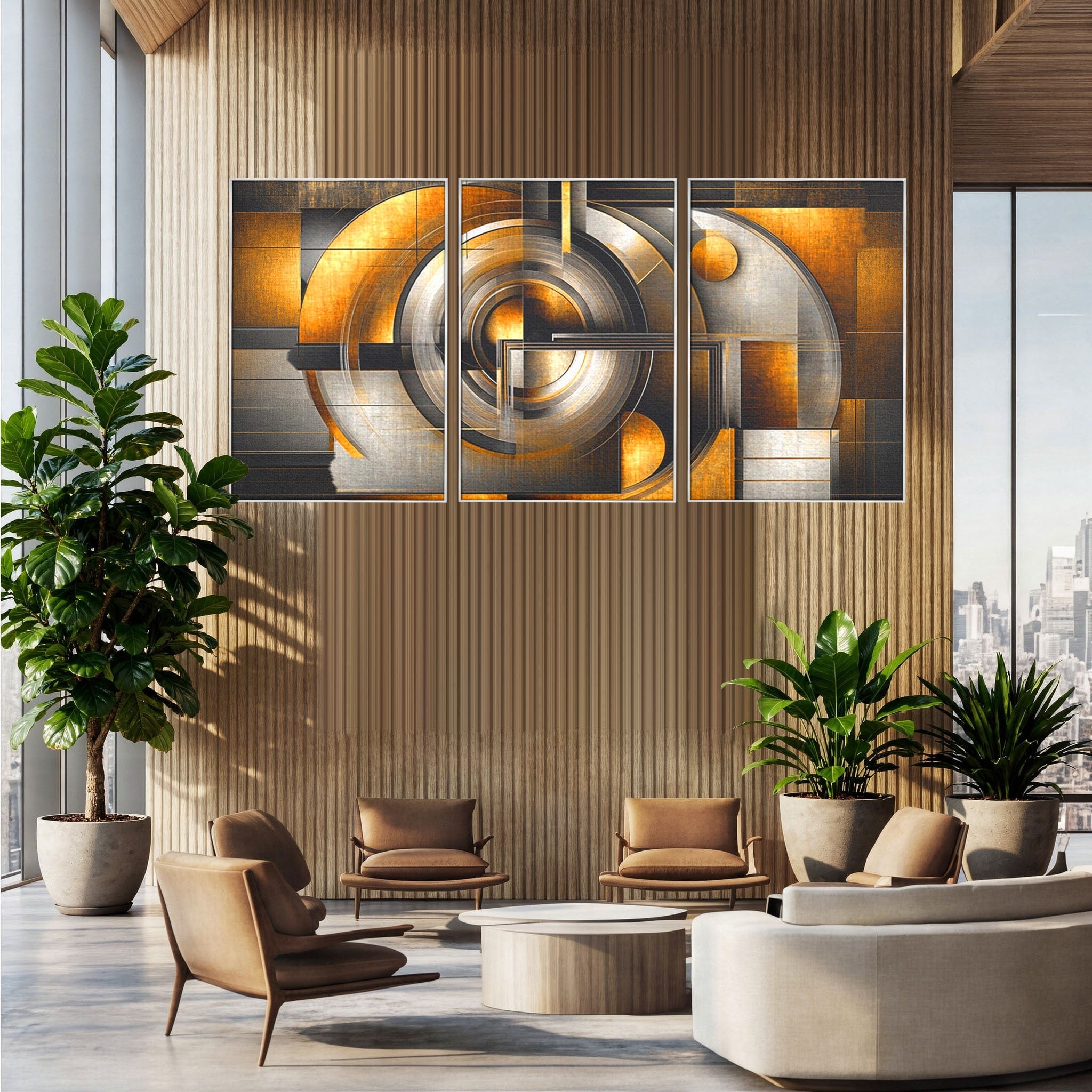 Set 3 Tablouri Canvas Premium LuxCanva® C3-1276, Forme care gandesc, Geometrie, Auriu, Abstract, Linii, Textura, Monumental, Gravitatie, Univers, Soare, Sacru, Modern, Expozitie, Birou, Living, Dormitor