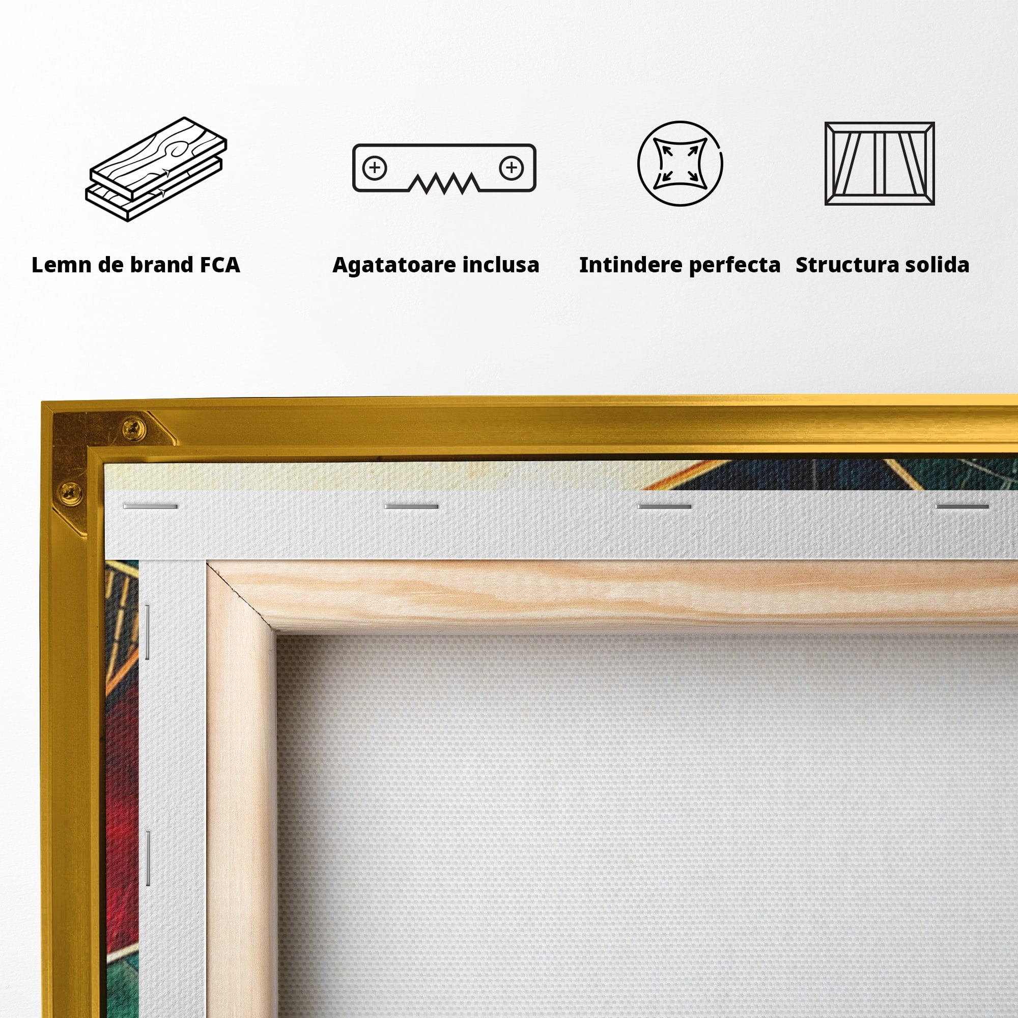 Set 3 Tablouri Canvas Premium LuxCanva® C3-1277, Intre nervuri de foc, Geometrie, Auriu, Rosu, Abstract, Linii, Profunzime, Simetrie, Circular, Spatiu, Forma, Templu, Expozitie, Birou, Living, Dormitor